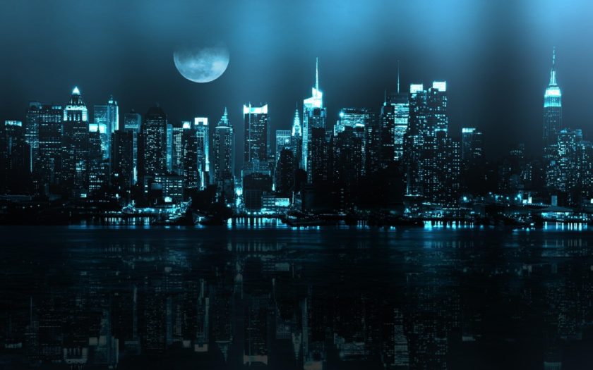 New York Blue Neon Lighting Of The City Night View Hd Wallpaper :  