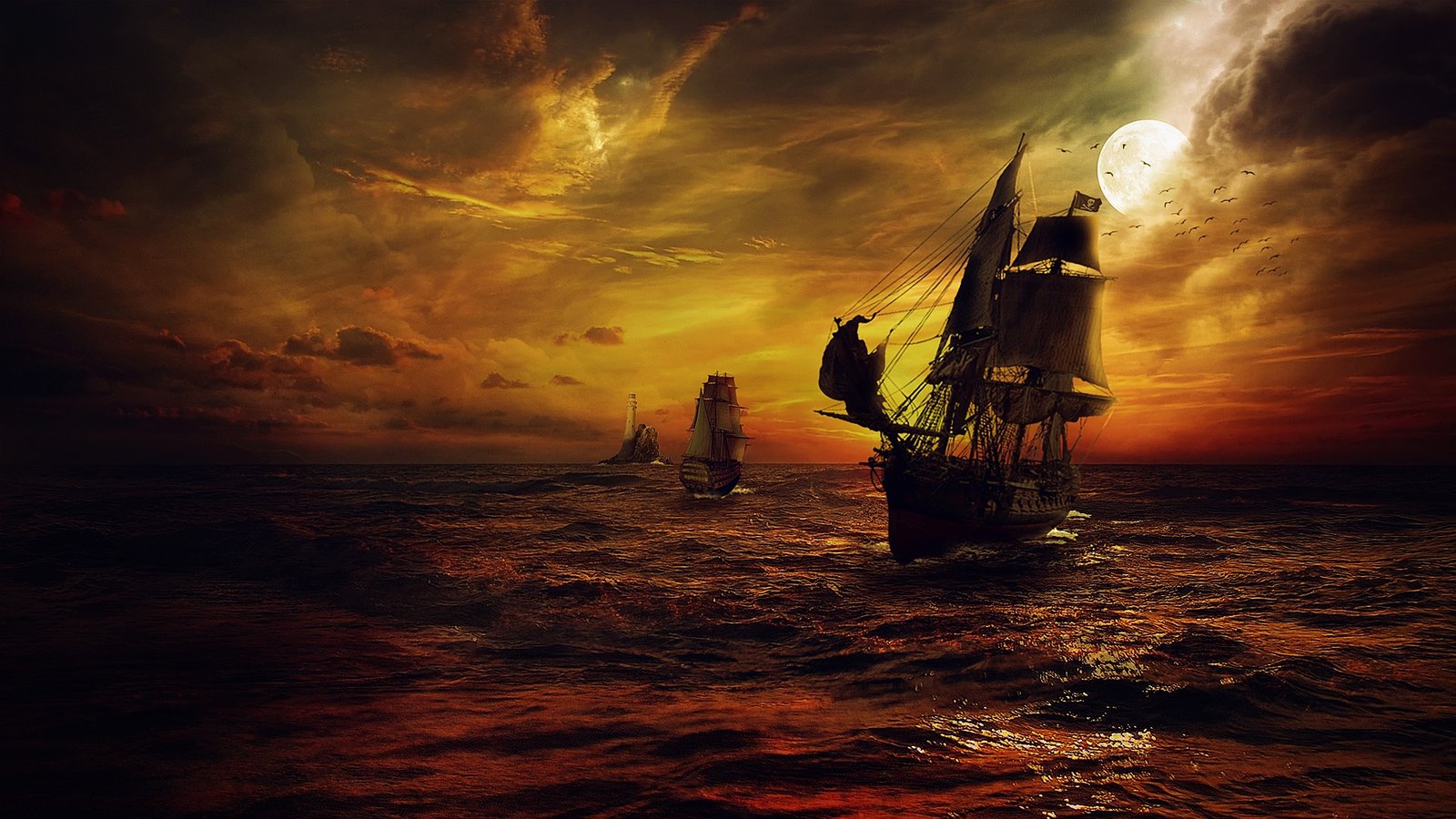 Pirate Ship Night Sailing Sea Night Moon Fantasy Art Wallpaper HD