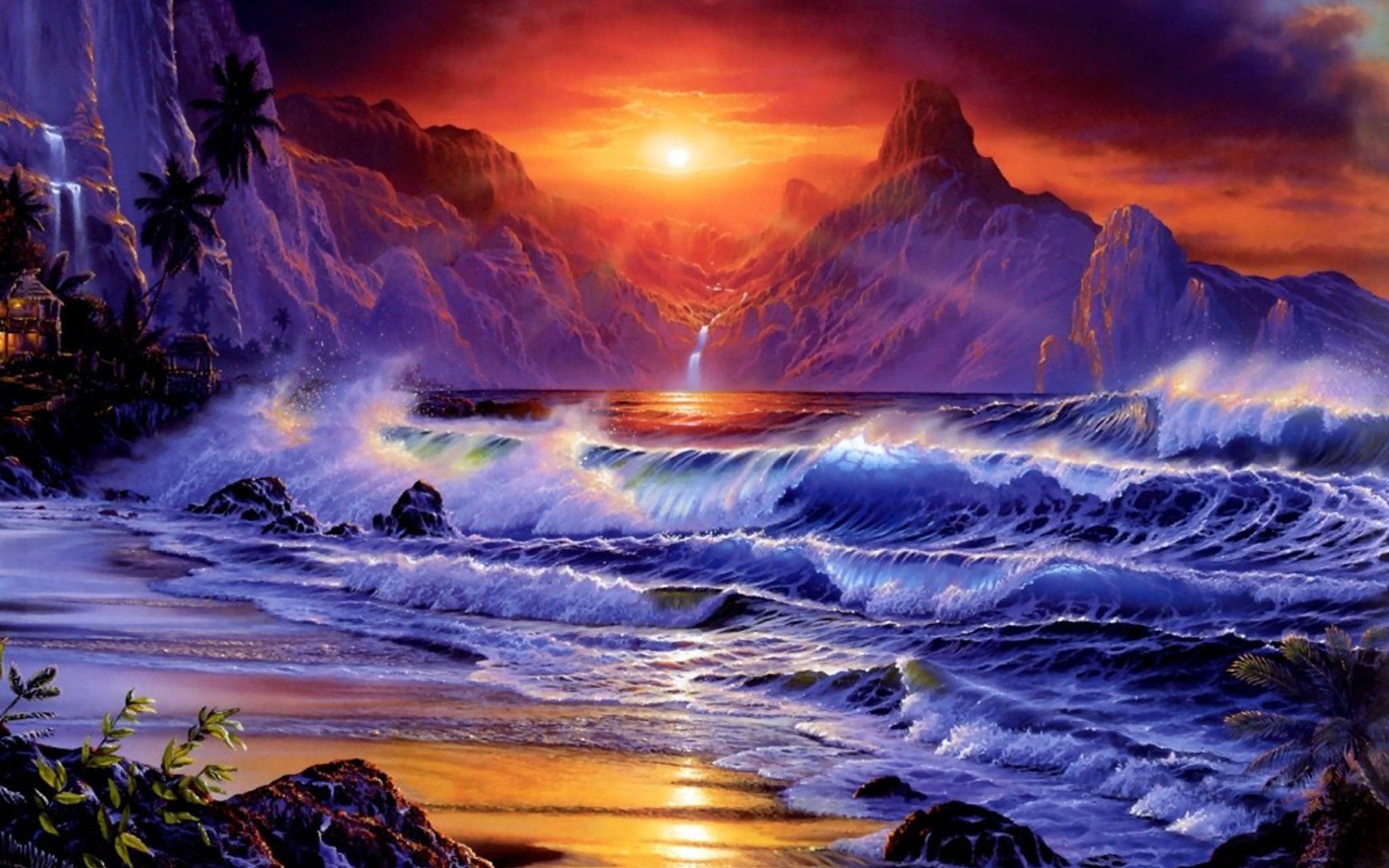Sunset-sea-shore sea-waves-rocky mountains red sky-dark cloud Beautiful