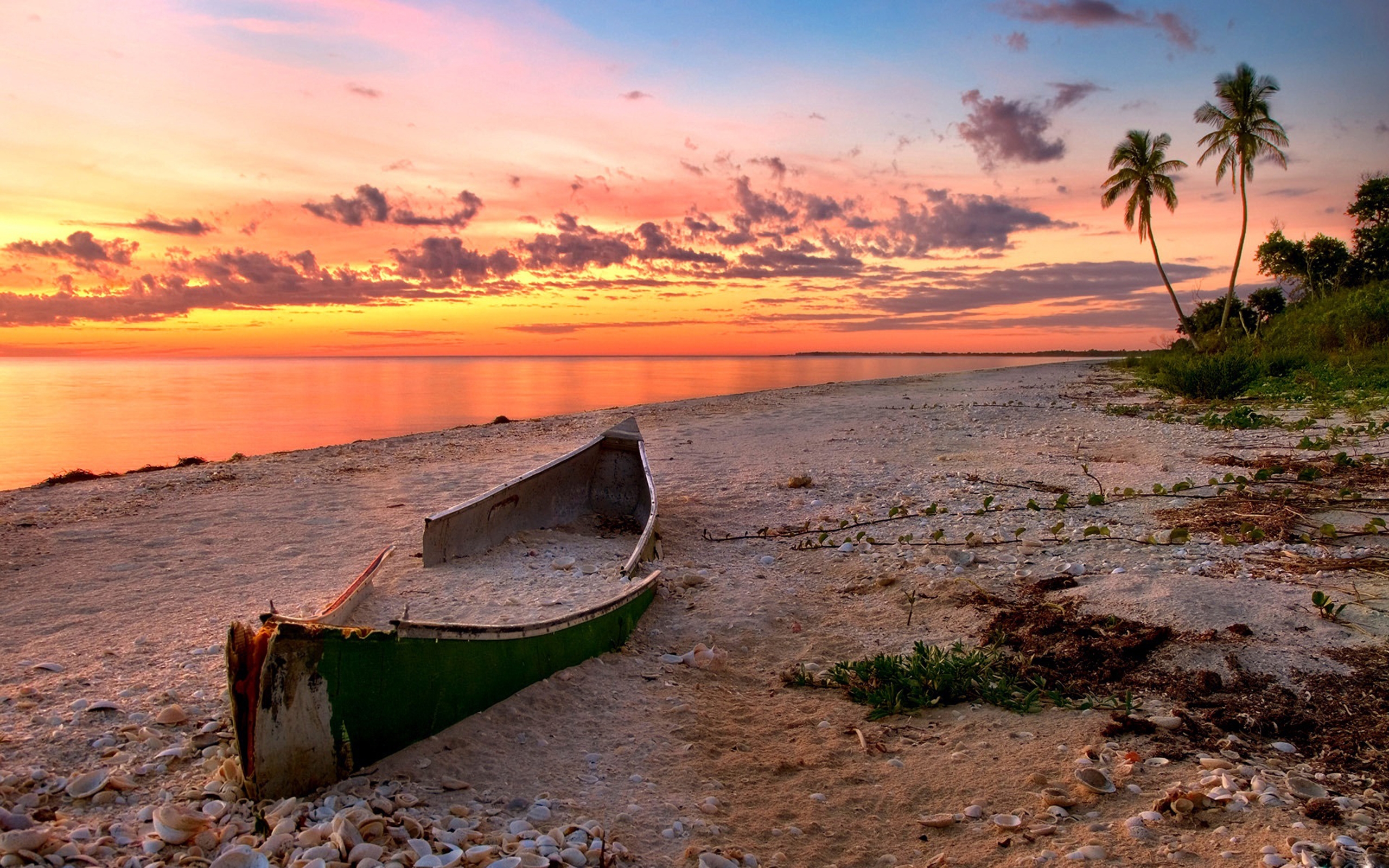 The Sunset Beach Scenery The Sea The Broken Boat The Red Clouds