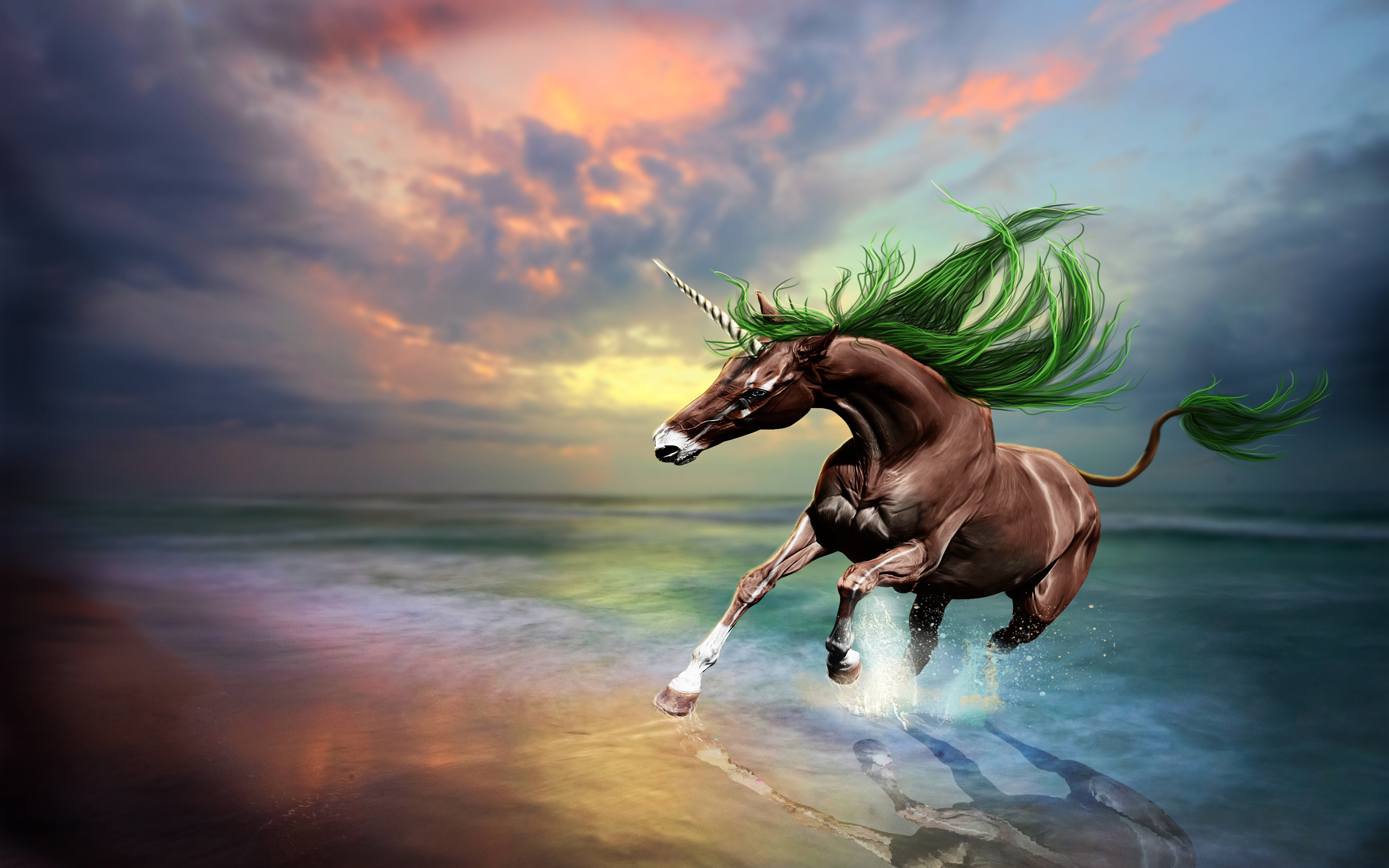 Brown Horse Unicorn Art Digital Imaging Beach Sunset 3840x2400