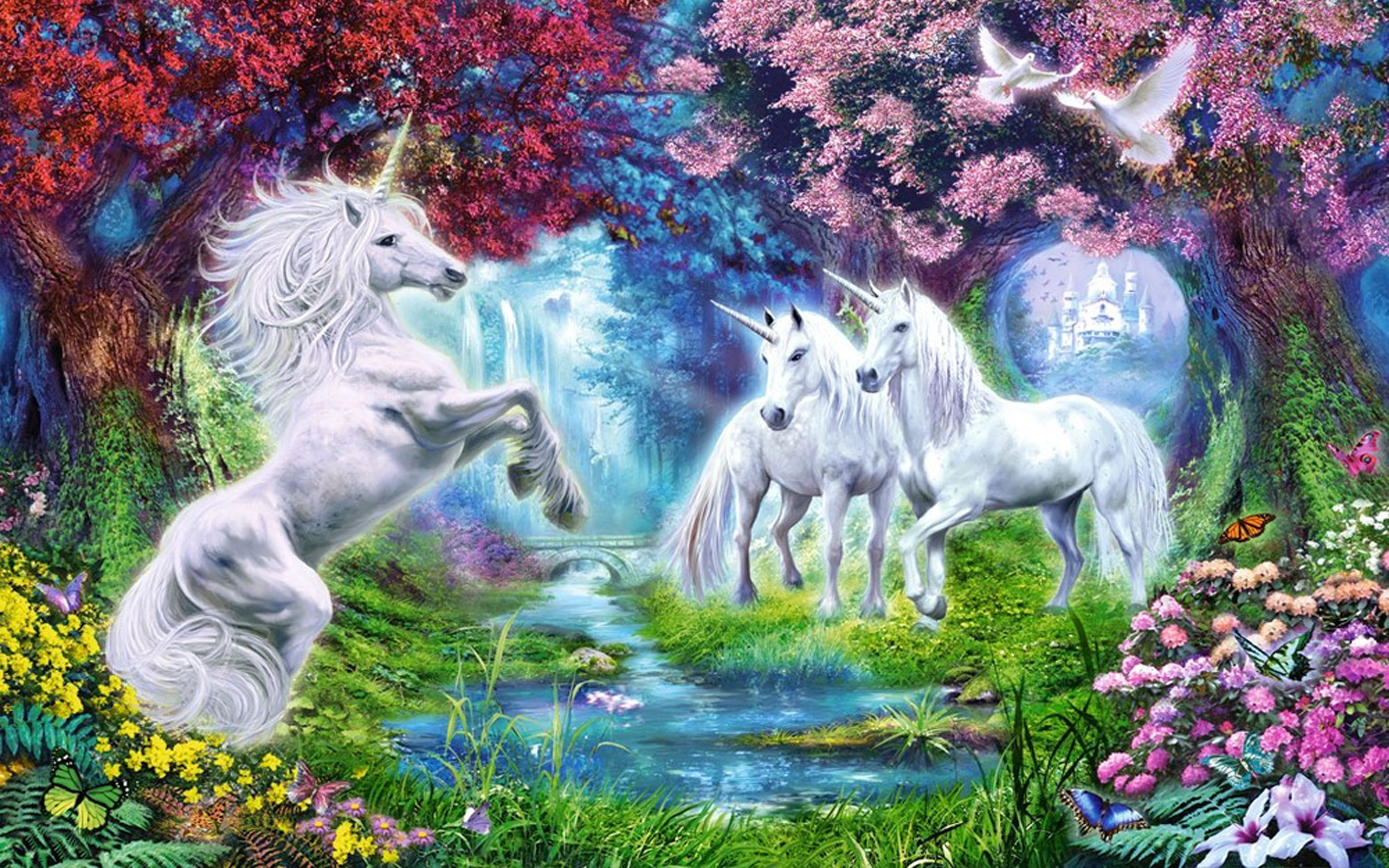 Horned White Horse Fantasy Art Blooming Trees Flowers Pigeon River ...
