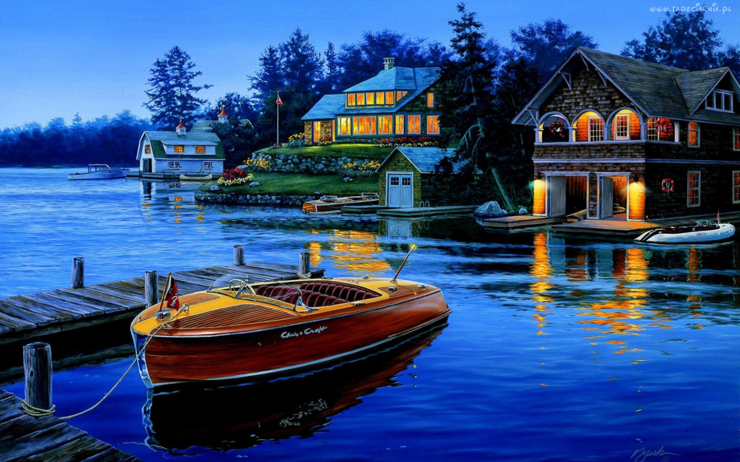 Река домов картина. Даррелл Буш (Darrell Bush) — художник. Даррелл Буш дом у озера. Даррелл Буш домик у озера летом. Художник Даррел бушлодка.