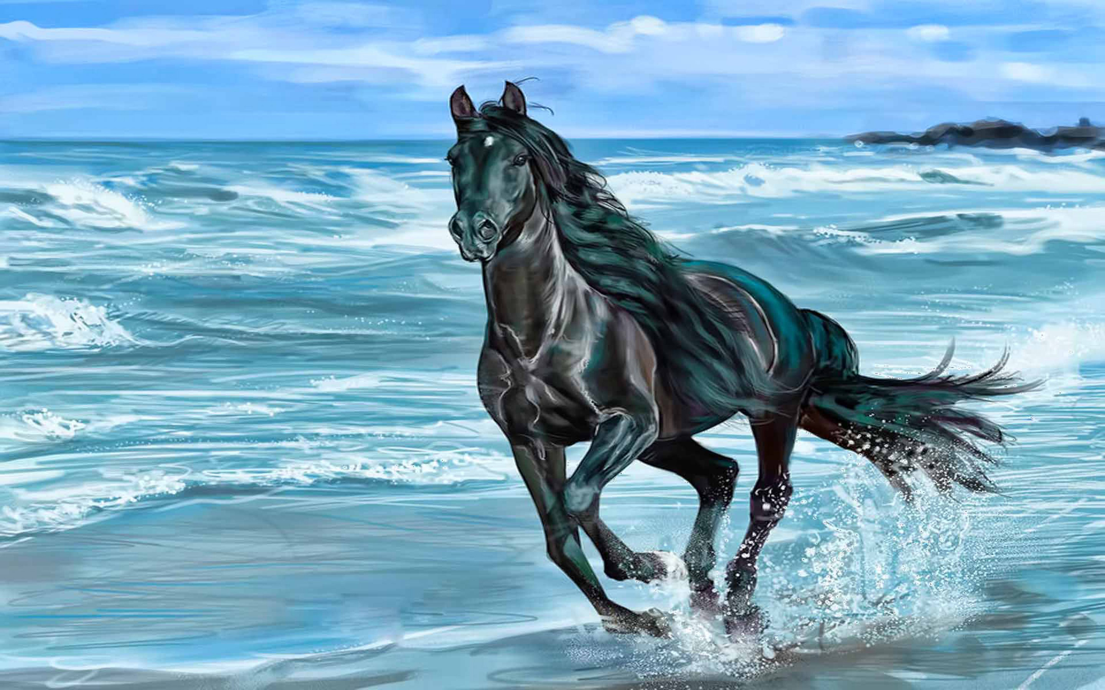 Running Animals Beach Beauty Horse Sea Wave 3840x2400 : Wallpapers13.com