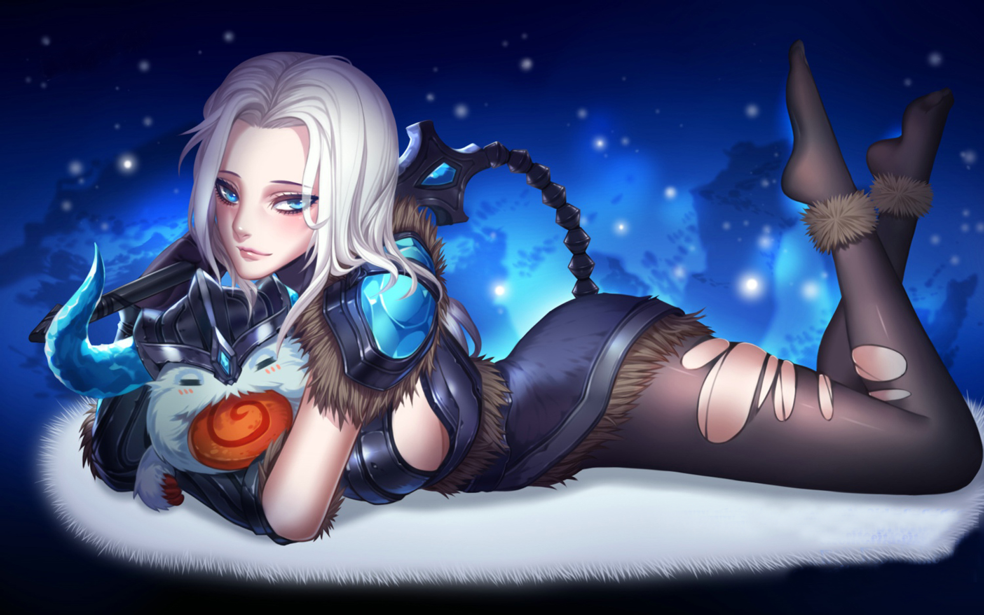 Beautiful Girl With White Hair And Blue Eyes Armor Torn Tights Sky Star Des...
