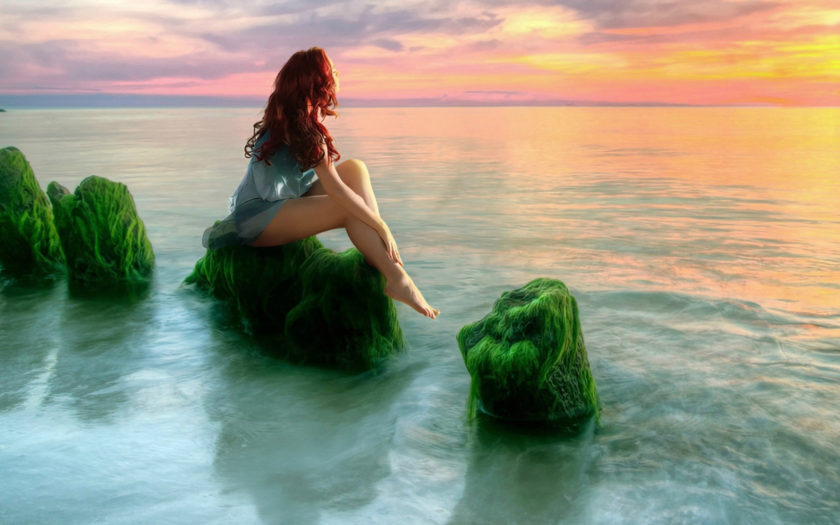 Beauty Girl Sea, Sunset Relax Desktop Hd Wallpaper : 