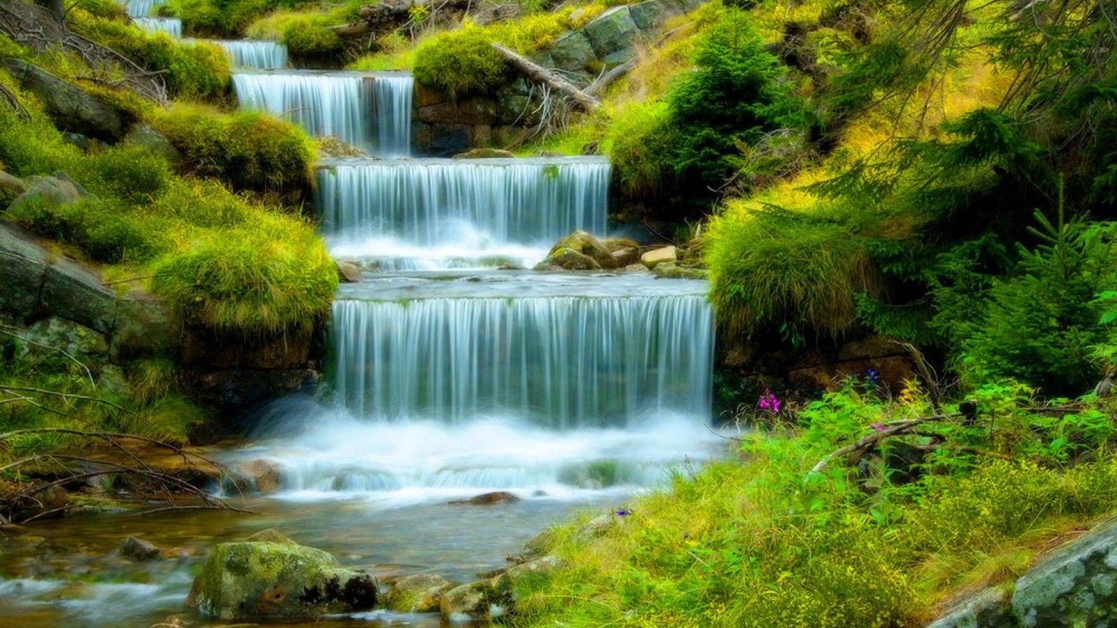 River With Cascading Waterfall Water Stones Green Grass Ultra Hd