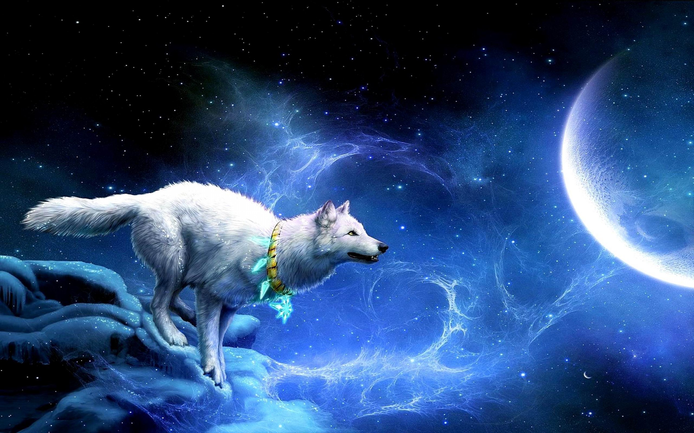 White Wolf Full Moon The Sky Star Diamond Necklace Fantasy Wallpaper Hd