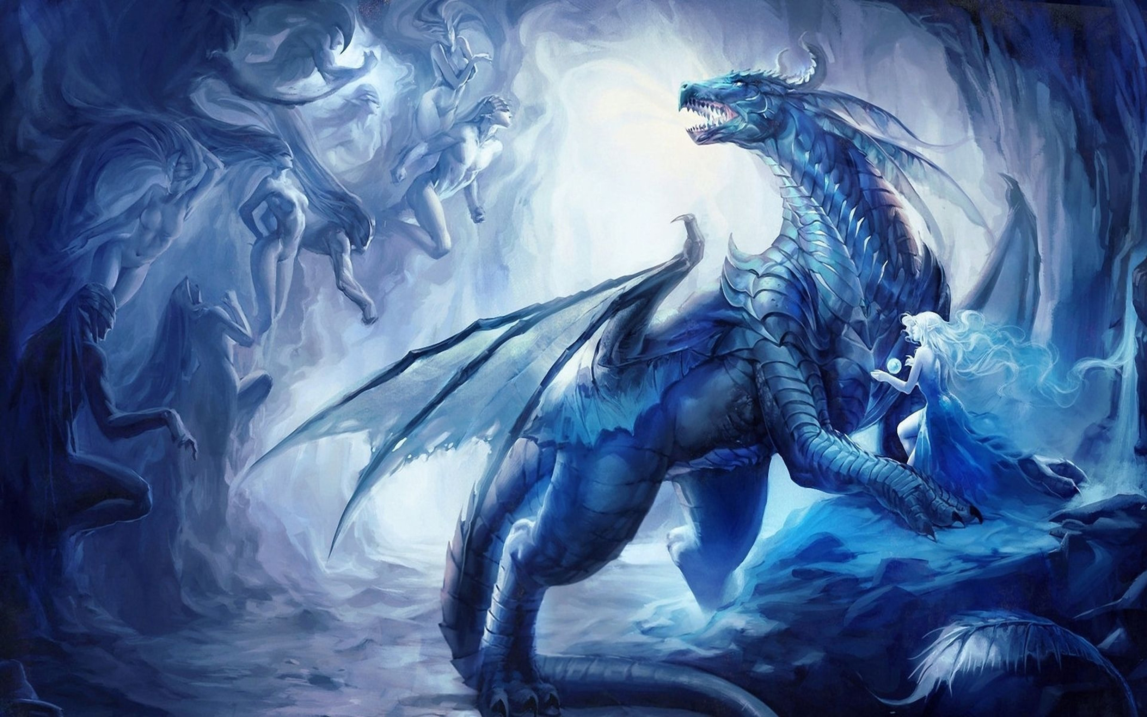 Blue Fantasy Dragon Ice Cave Art Fantasy Hd Wallpaper 3840x2400.