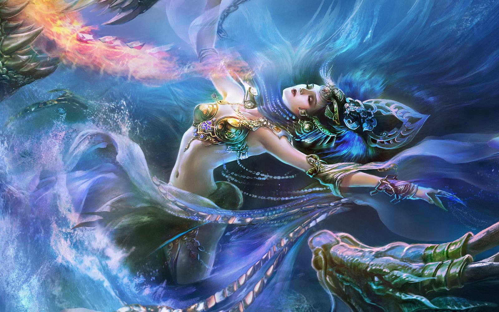 Fantasy girl-water and fire dragon-jewelry-crown-art Wallpaper HD