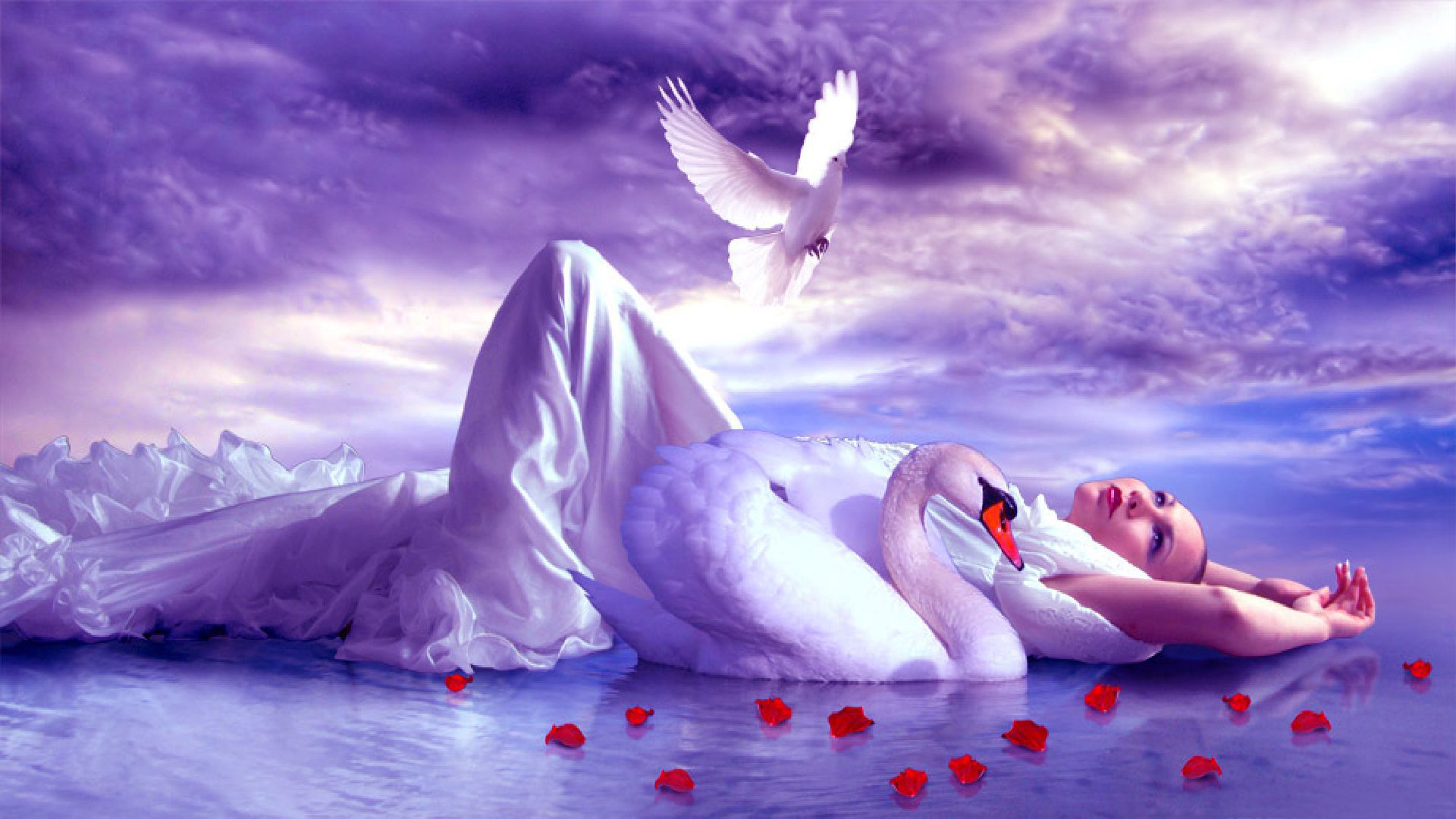 Girl Lake Accompaniment Of A Swan And Golub Sky With White Clouds Red
