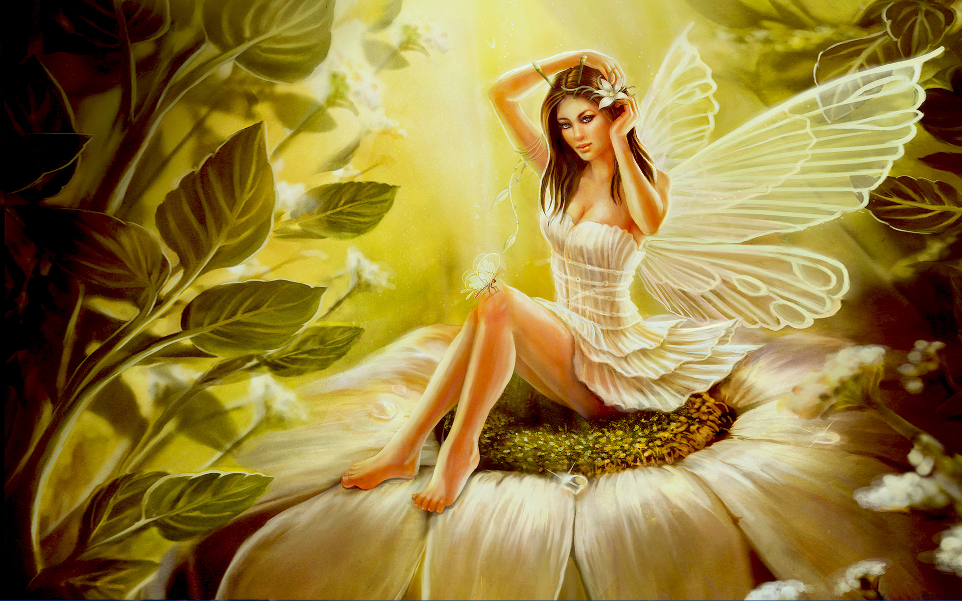Girl With Wings Of A Butterfly Flower In Her Hair Green Leaves Fantasy