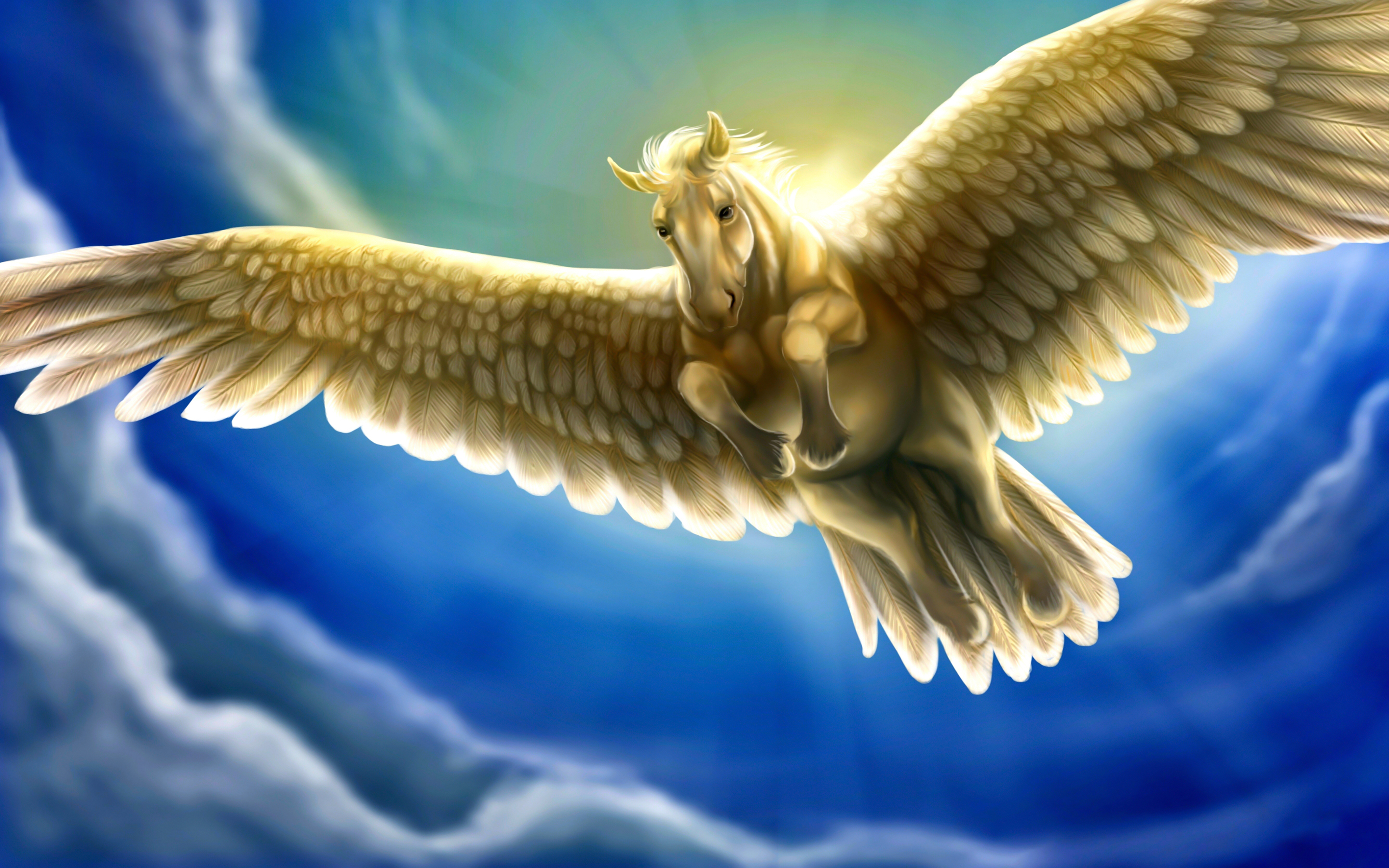 Heavenly White Horse With Wings Pegasus Fantasy Sky Blue Hd Wallpapers For Mobile  Phones And Laptops : 