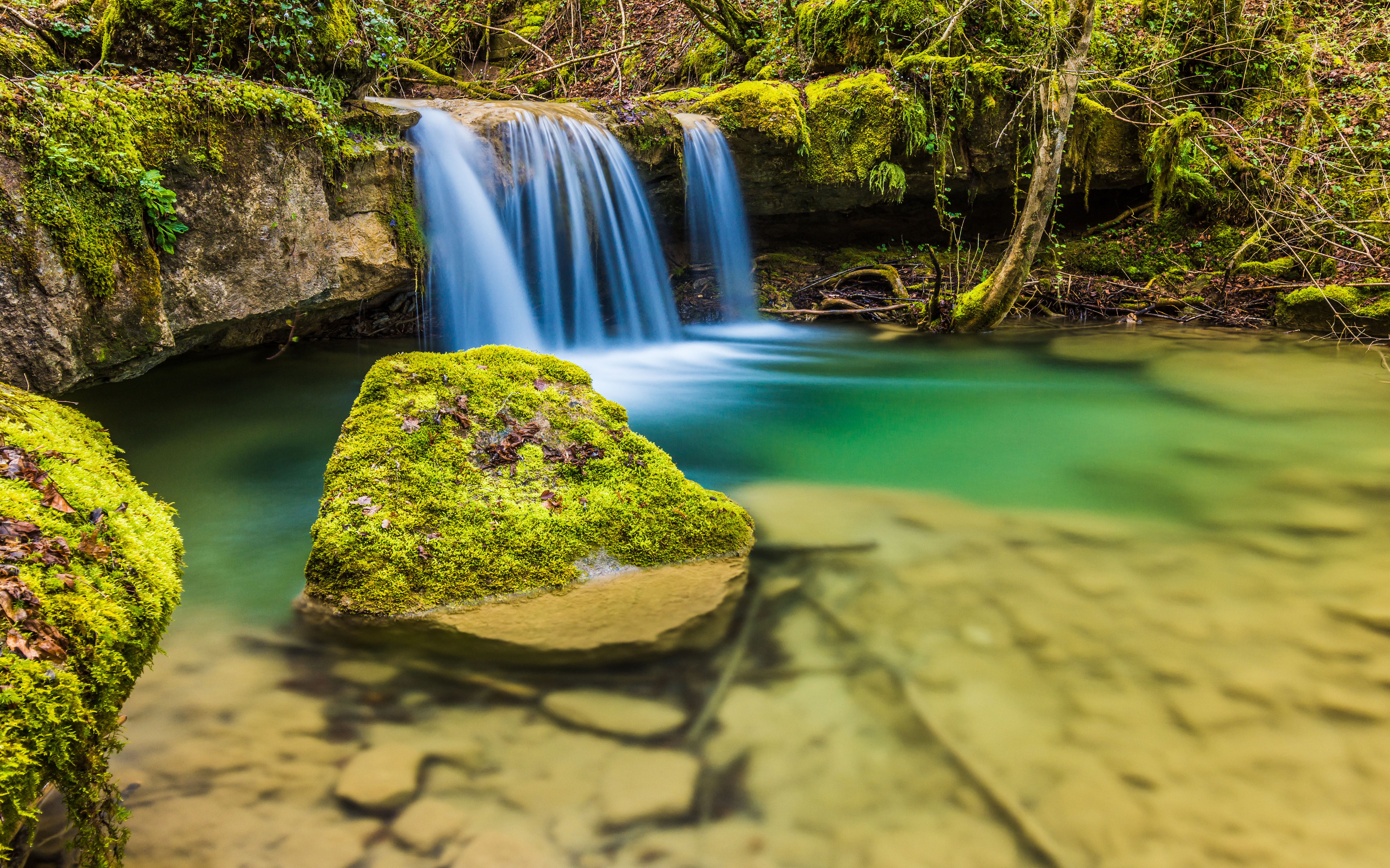 Nice Small Waterfall Clear Water, Rocks With Moss Hd Wallpapers For