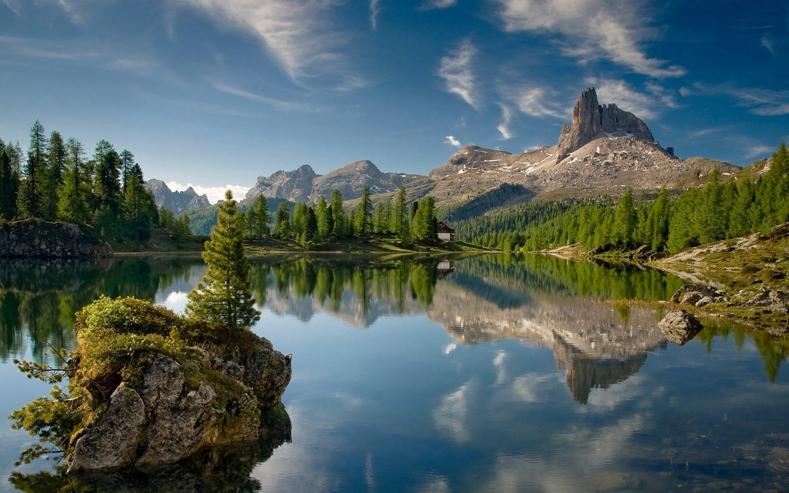 Peaceful Lake, A Small Island House Pine Trees, Rocky Mountains