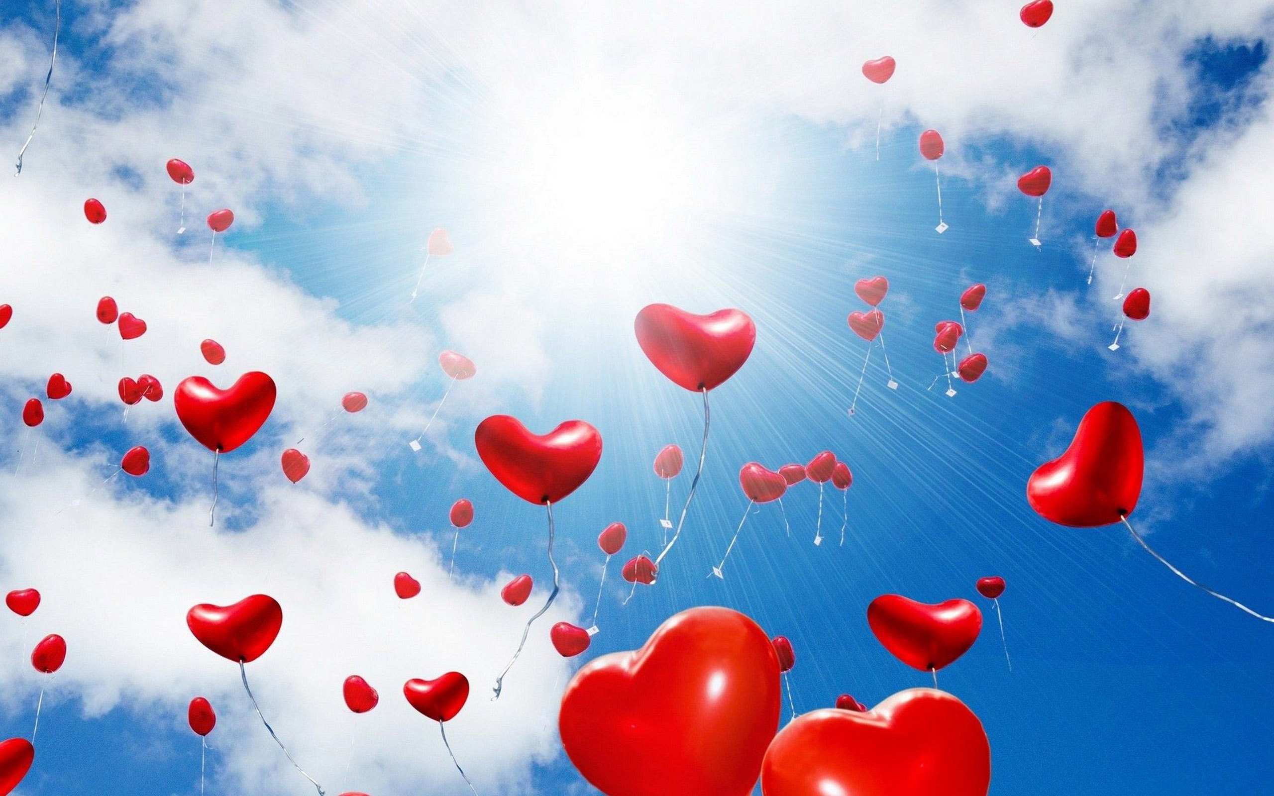 Red Balloons In The Shape Of A Heart Sunlight, Blue Sky And White Clouds  Desktop Wallpaper Hd Resolution : 