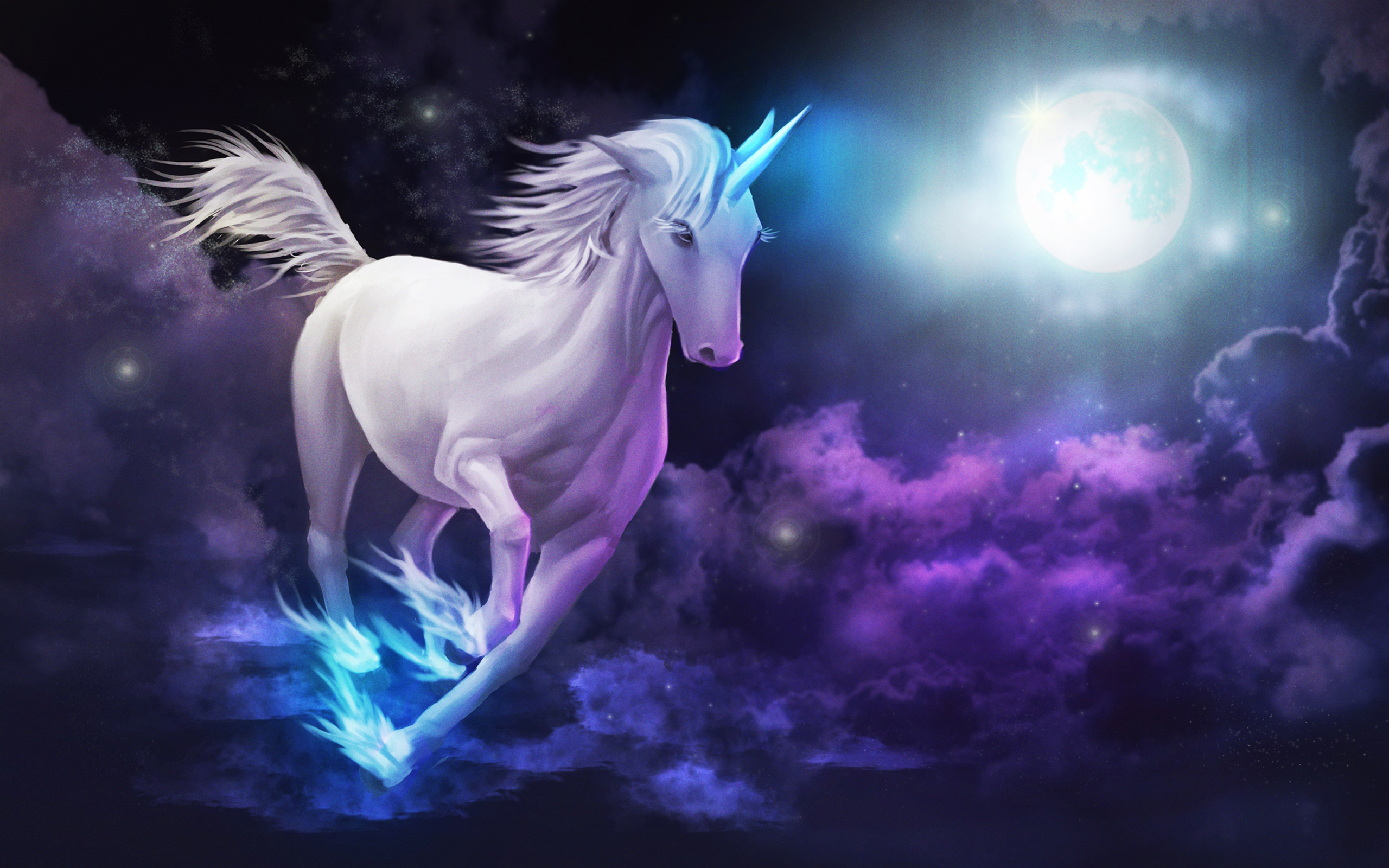 Unicorn Galloping Sky Clouds Full Moon Desktop Wallpaper 