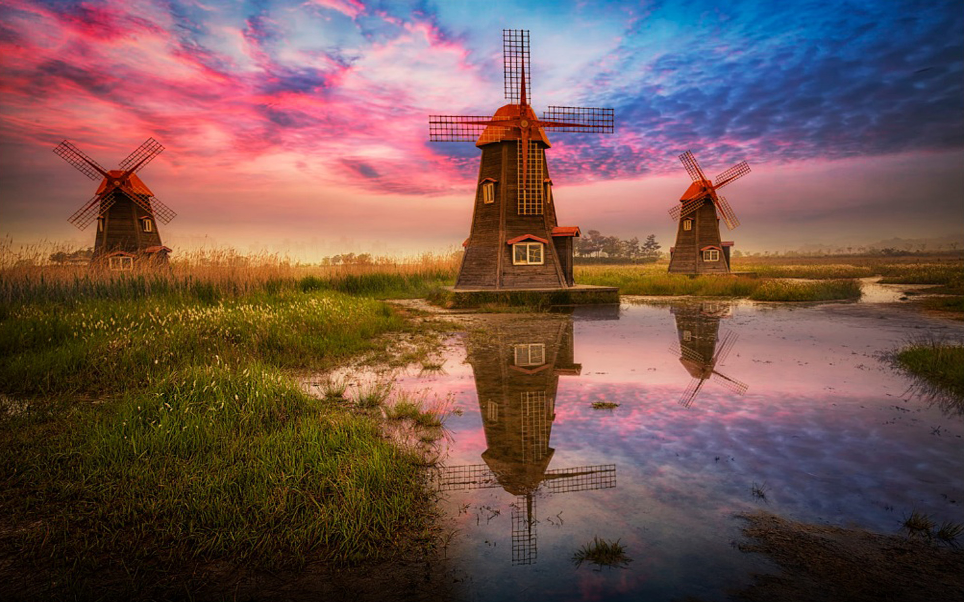 Dutch Windmill Reflection In Water Red Clouds Wallpaper Hd 1920x1200