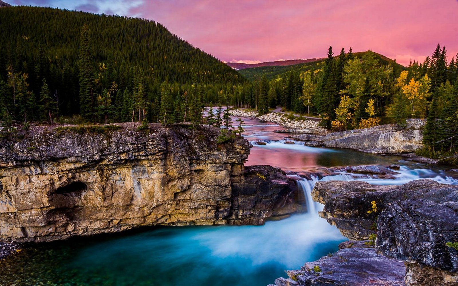 Landscape Nature Mountain River Waterfall Pool With Water Rocky Coast