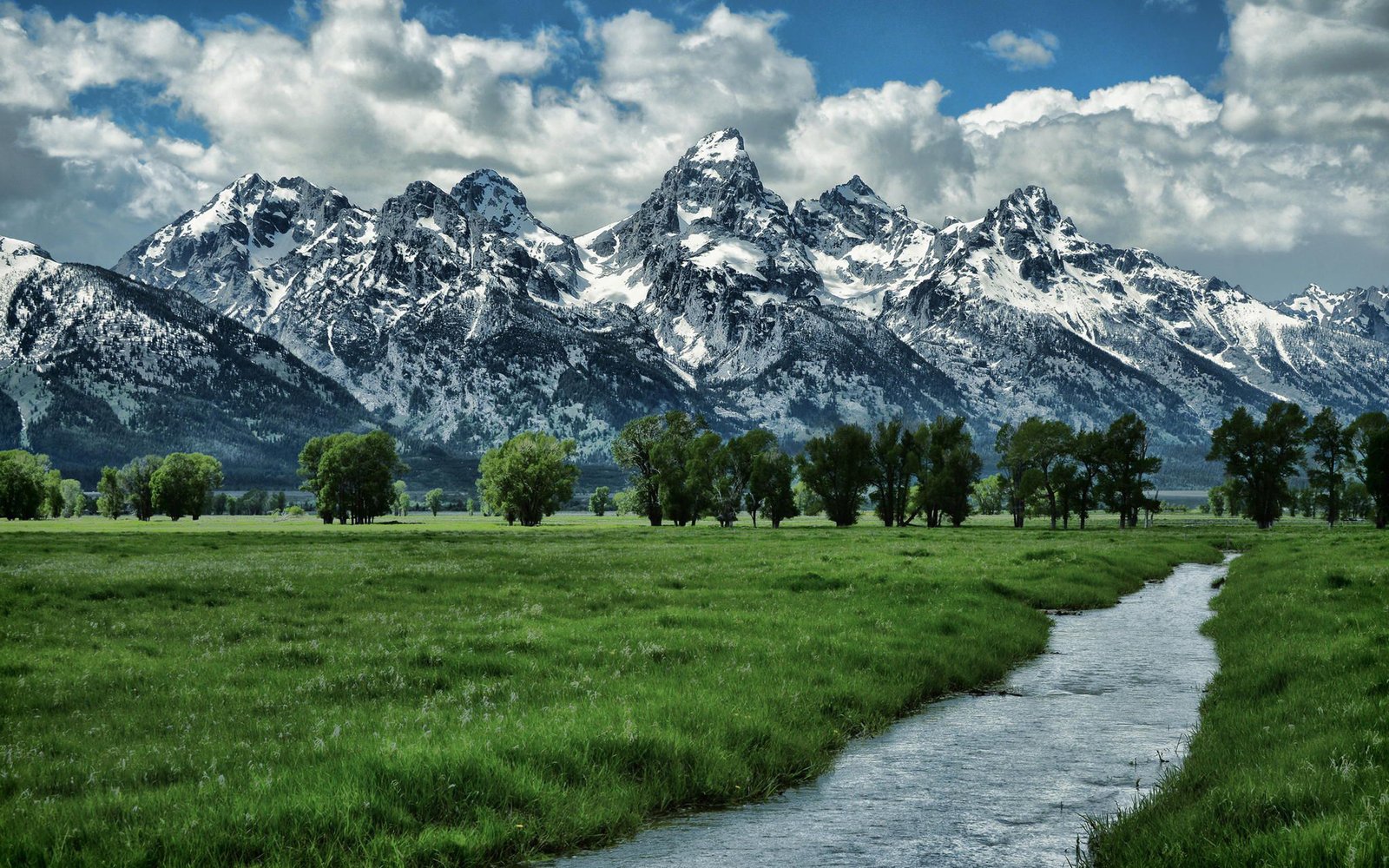 Landscape, Rocky Mountains Snow Sky With White Cloud Mountain River