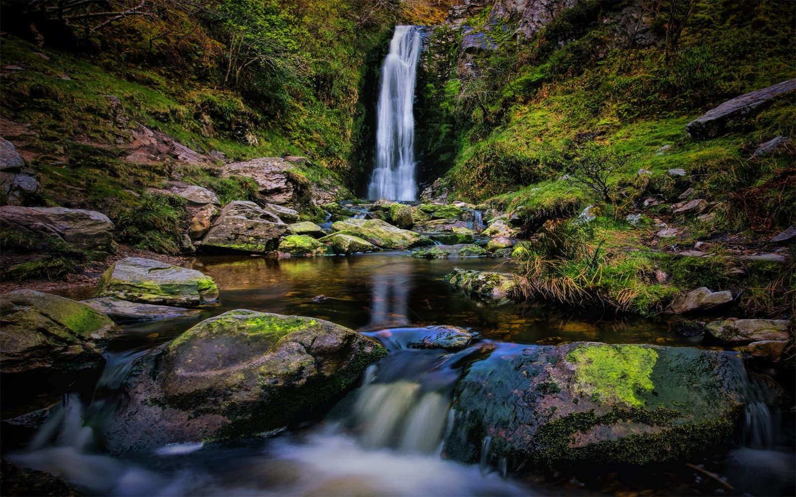 Waterfall Small Mountain River Rock Clear Water Forest Desktop