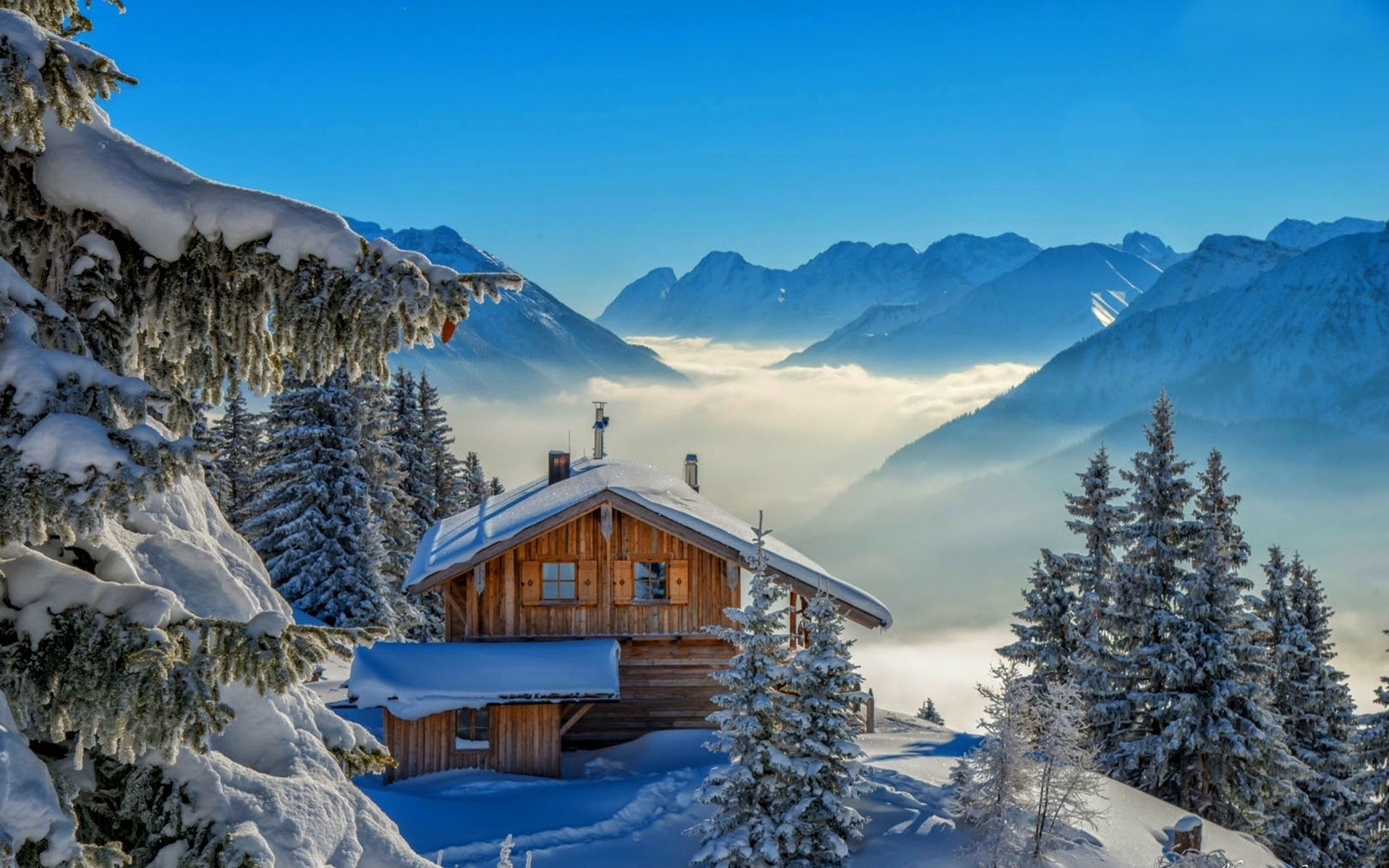 Winter Landscape Wooden House Mountain Pine Tree With White Snow Mist Mountain High Peaks Blue