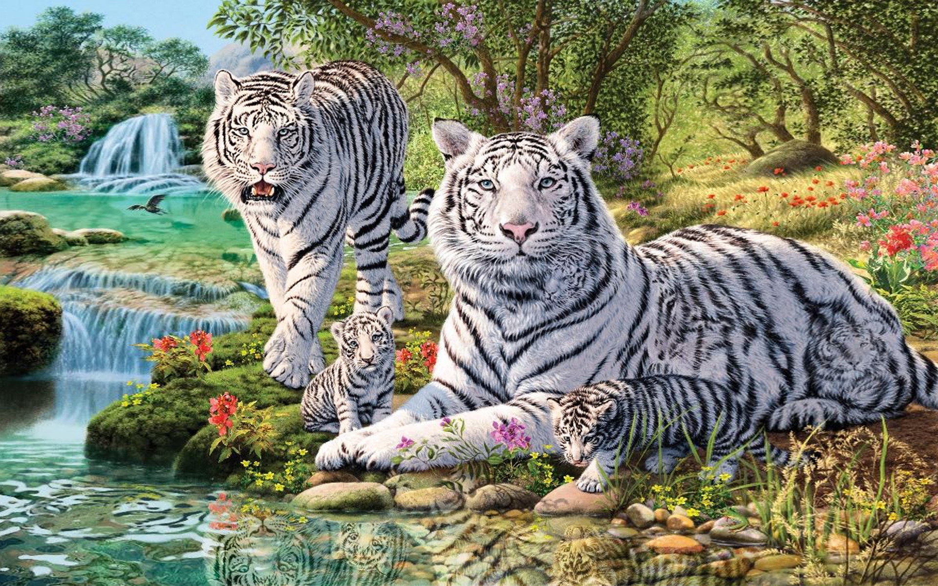 Animals White Tiger And Two Cubs Jungle Waterfall Art ...