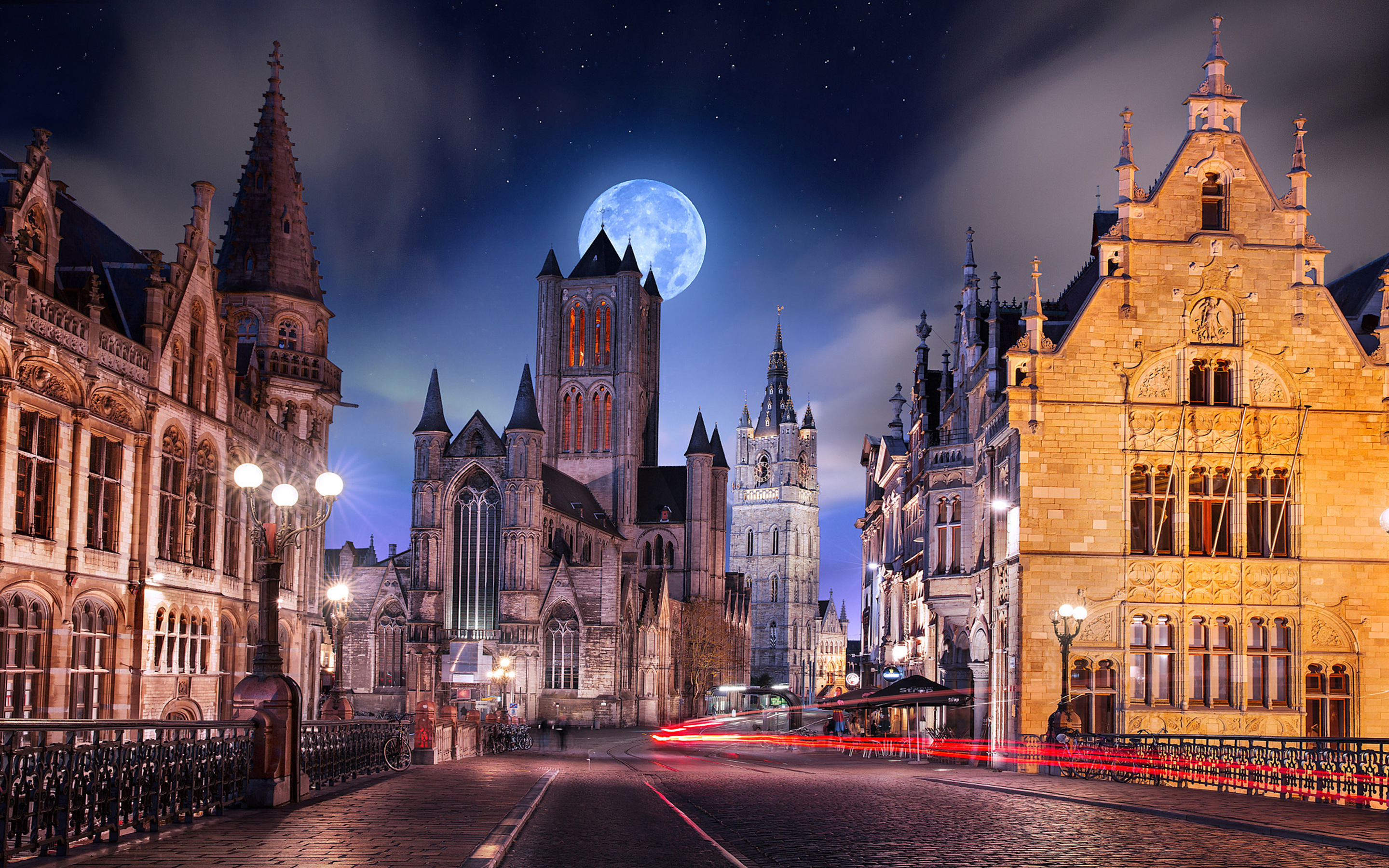 Ghent City Flanders Belgium Night With Full Moon Desktop Hd Wallpaper