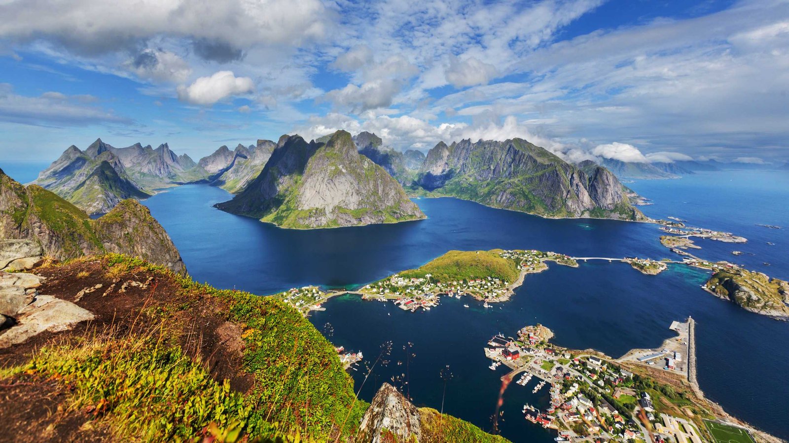 Landscape from Lofoten Islands Norway beautiful rocky mountains sea bay blue sky and white cloud Desktop HD Wallpaper