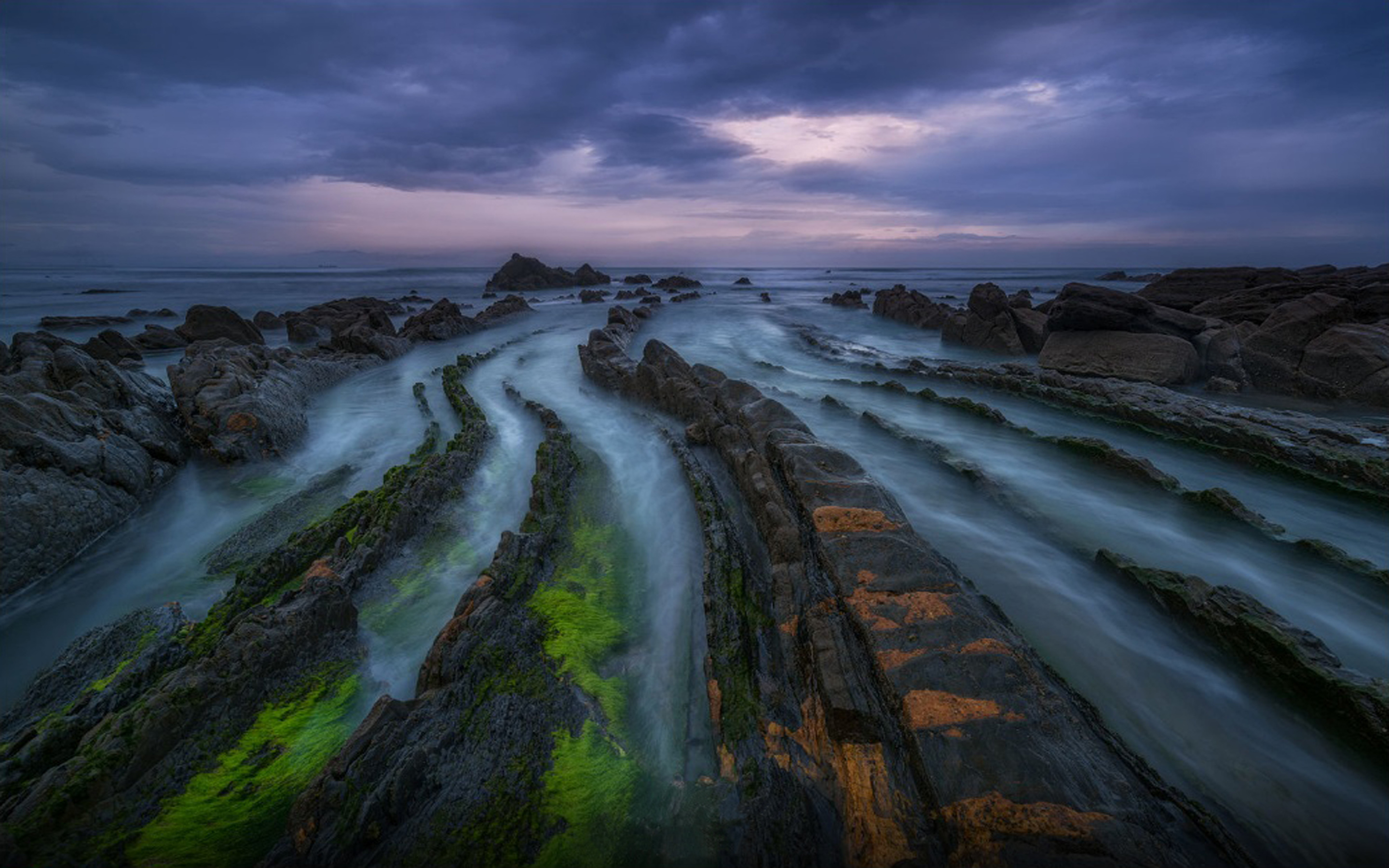 Rocky Coast Sea Green Moss, Dark Clouds Wallpaper Download Hd :  