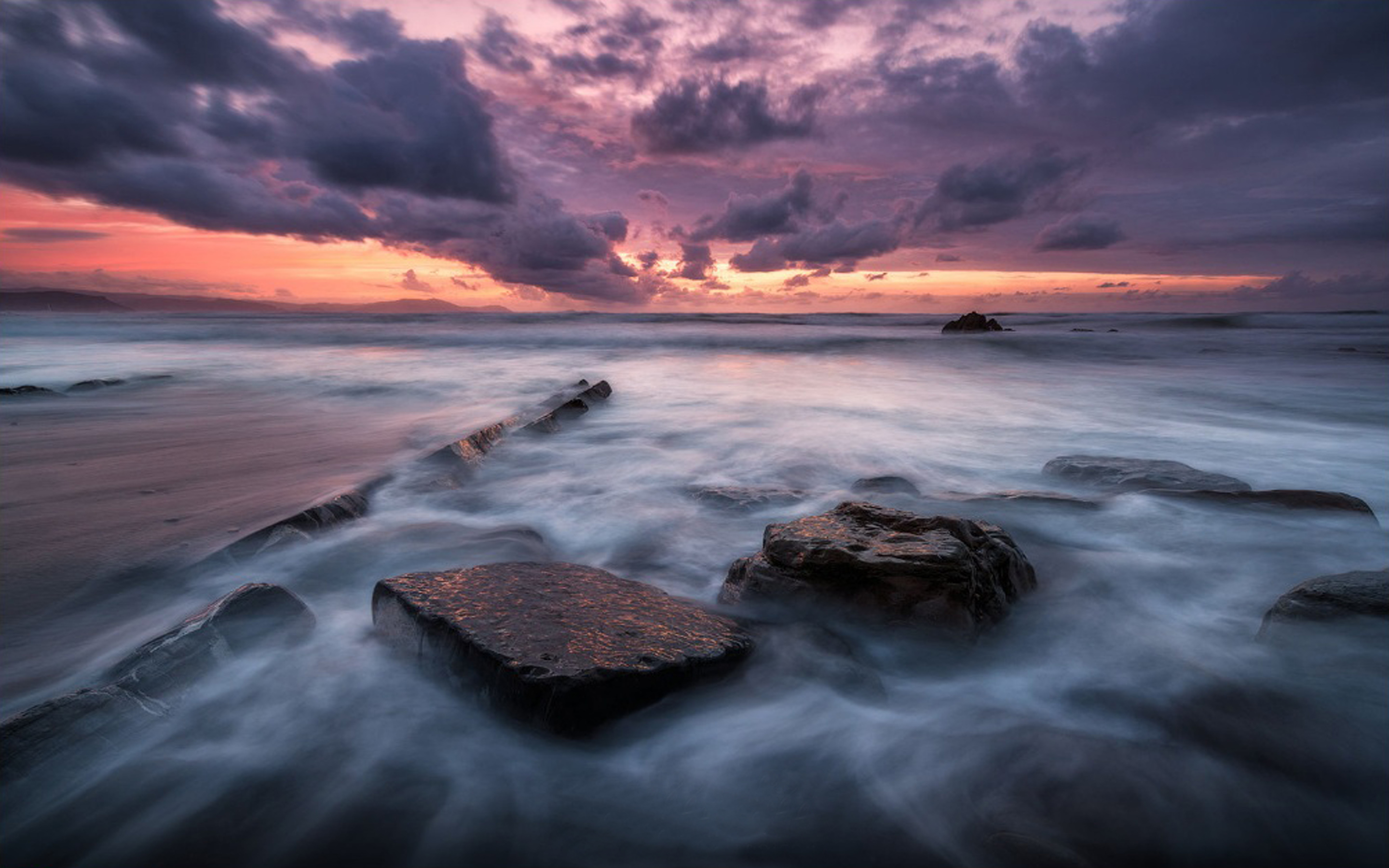 Sea Coast With Rocks, Waves, Dark Sky With Clouds Red Sunset Desktop