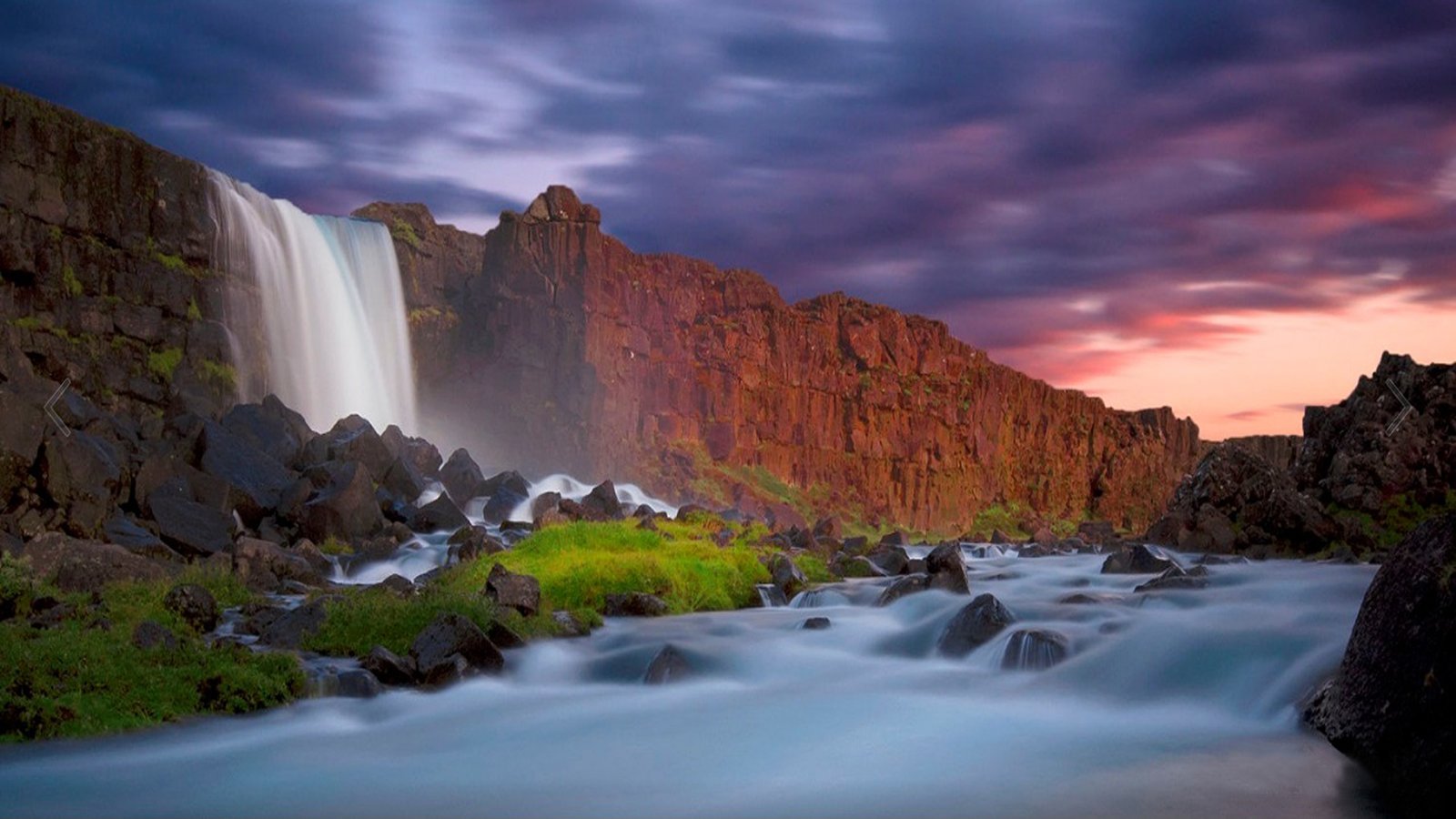 Waterfall Wall Of Red Cliffs Dark  Clouds  Hd  Wallpaper  