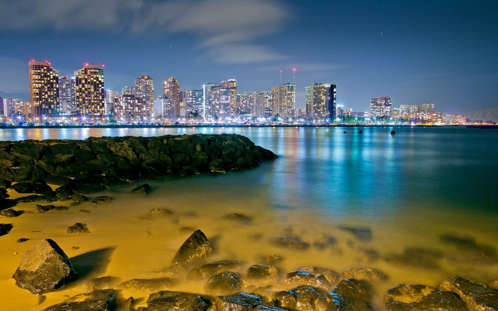 City Honolulu Hawaii Evening Night Lighting Sea Beach Stones Desktop