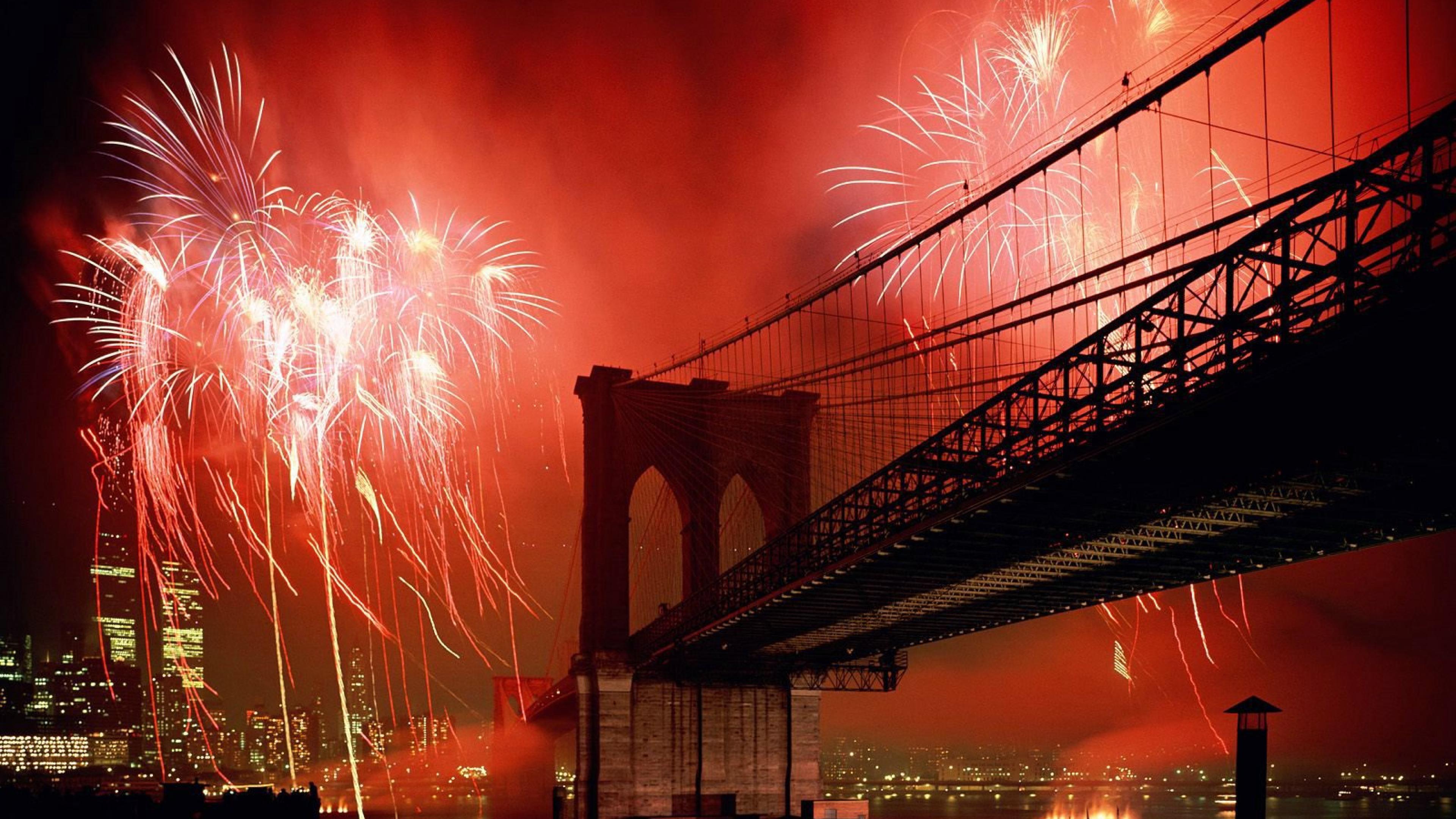 New York Brooklyn Bridge Red Fireworks The Night Desktop Wallpaper Hd