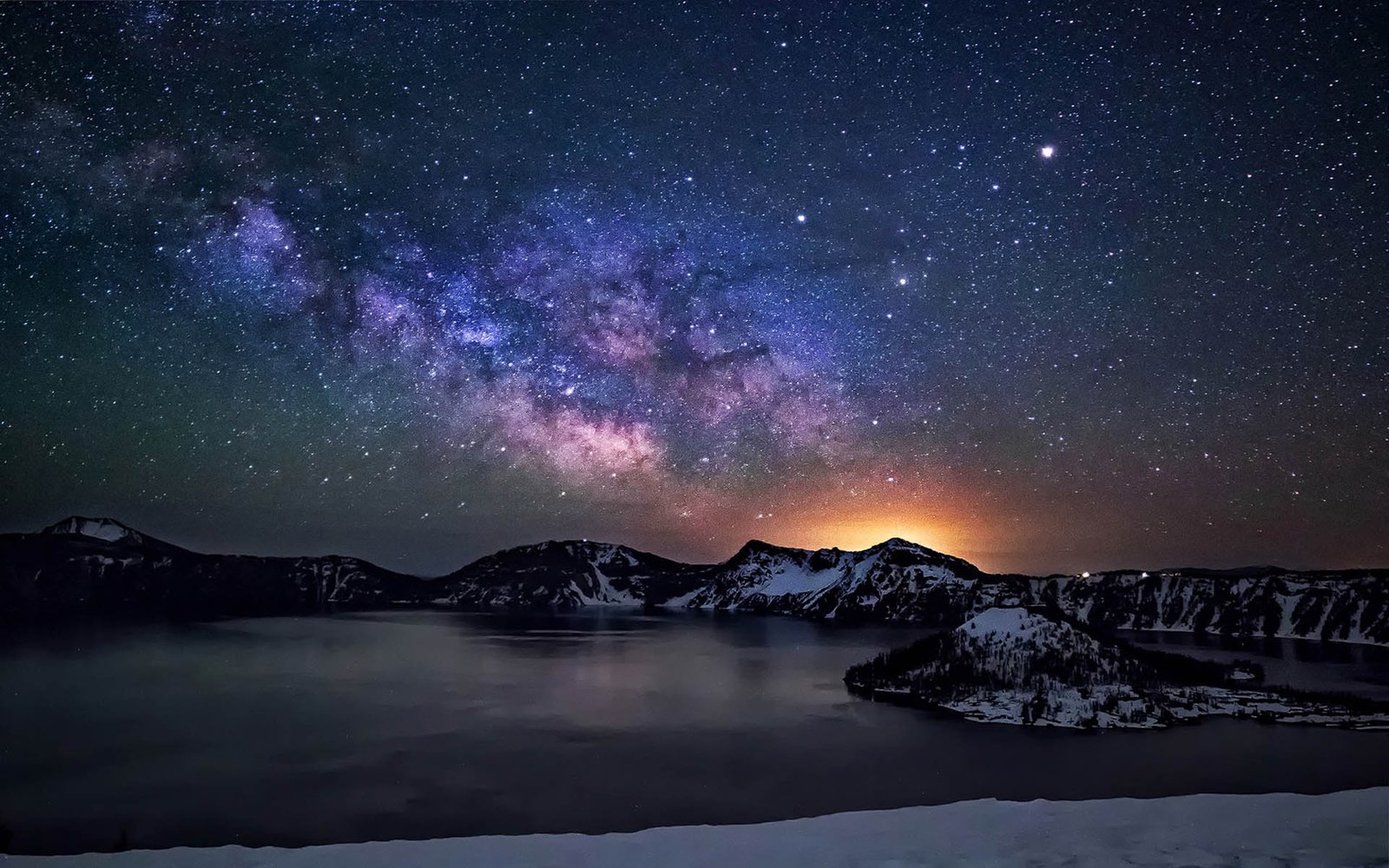 Crater Lake Night Sky With Star Milkyway Desktop Wallpaper Hd 19x10 Wallpapers13 Com