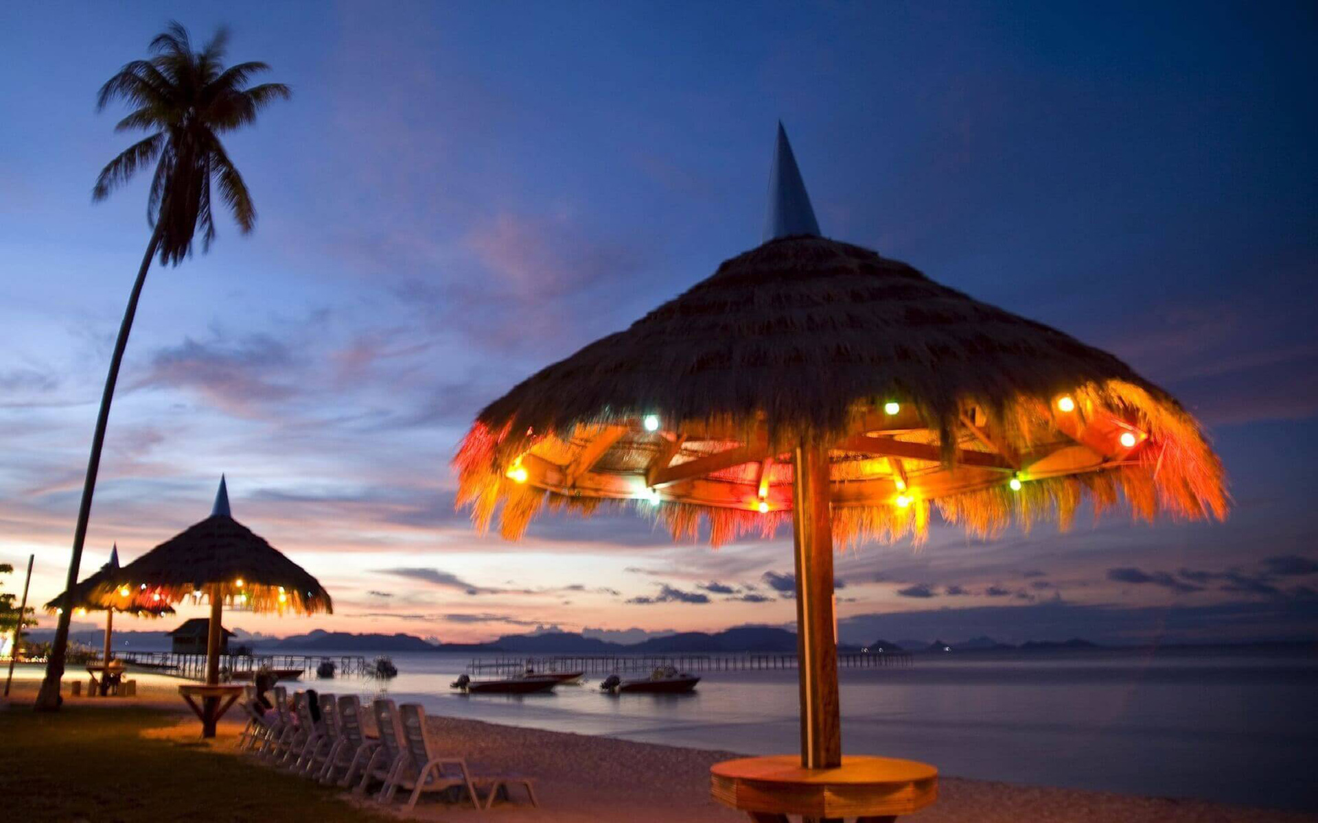 Malaysia Night Beach Hut Wooden Umbrellas Straw Romantic Hd