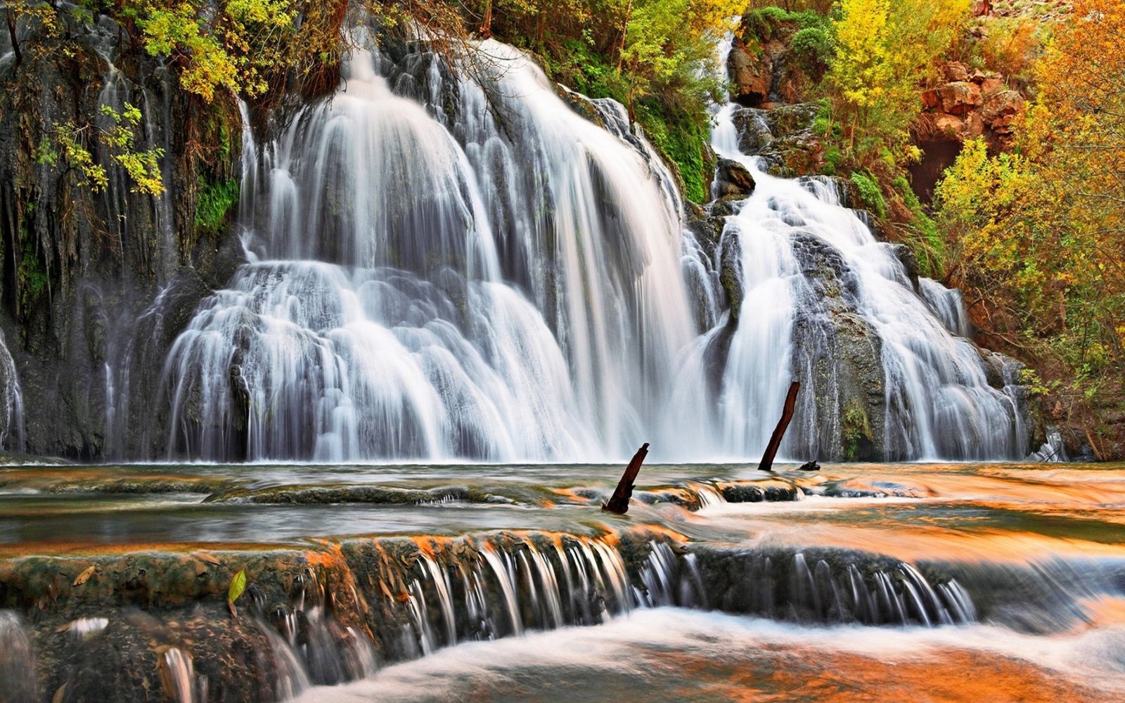 Autumn Waterfall Cascade Trees With Yellow And Red Leaves Ultra High