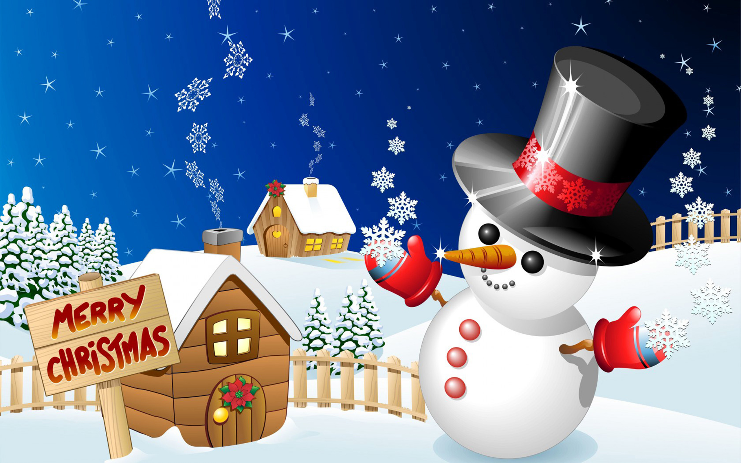 Merry Christmas Winter Snow Wood Houses With Snowman Desktop Hd Wallpaper  For Mobile Phones Tablet And Pc 2560x1600 : 
