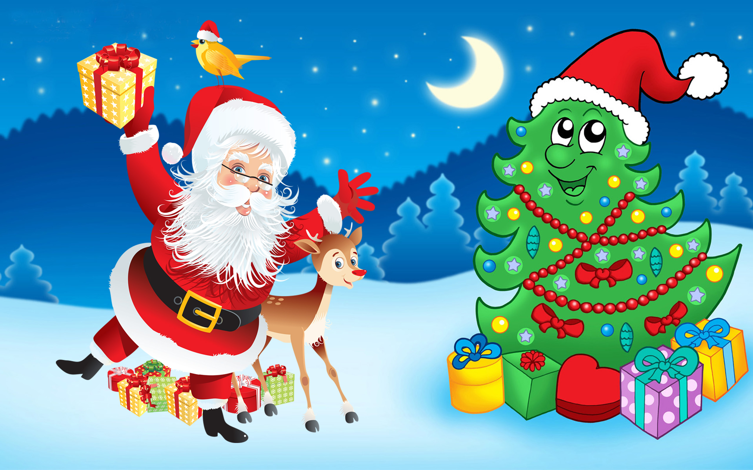 Santa Claus-Christmas tree-decorations-gifts-Cartoon Christmas