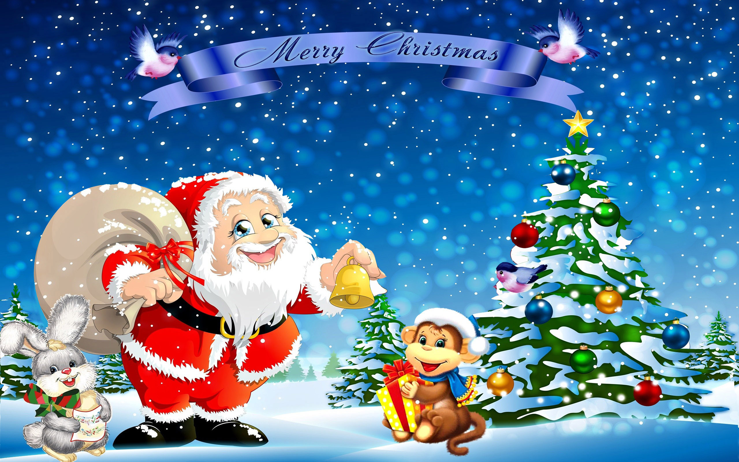 Santa Claus Rabbit Monkey Christmas Tree Hd Wallpaper 2560x1600 :  