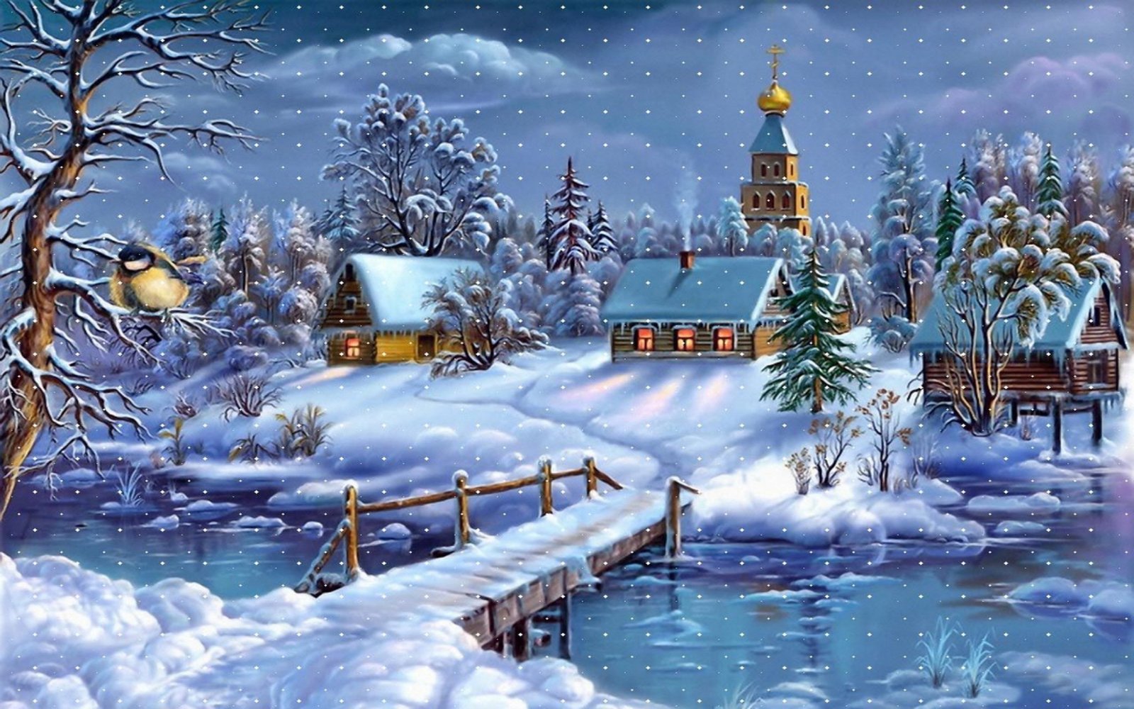 Winter Landscape Village Church River Wooden Bridge Layer Of Snow Art