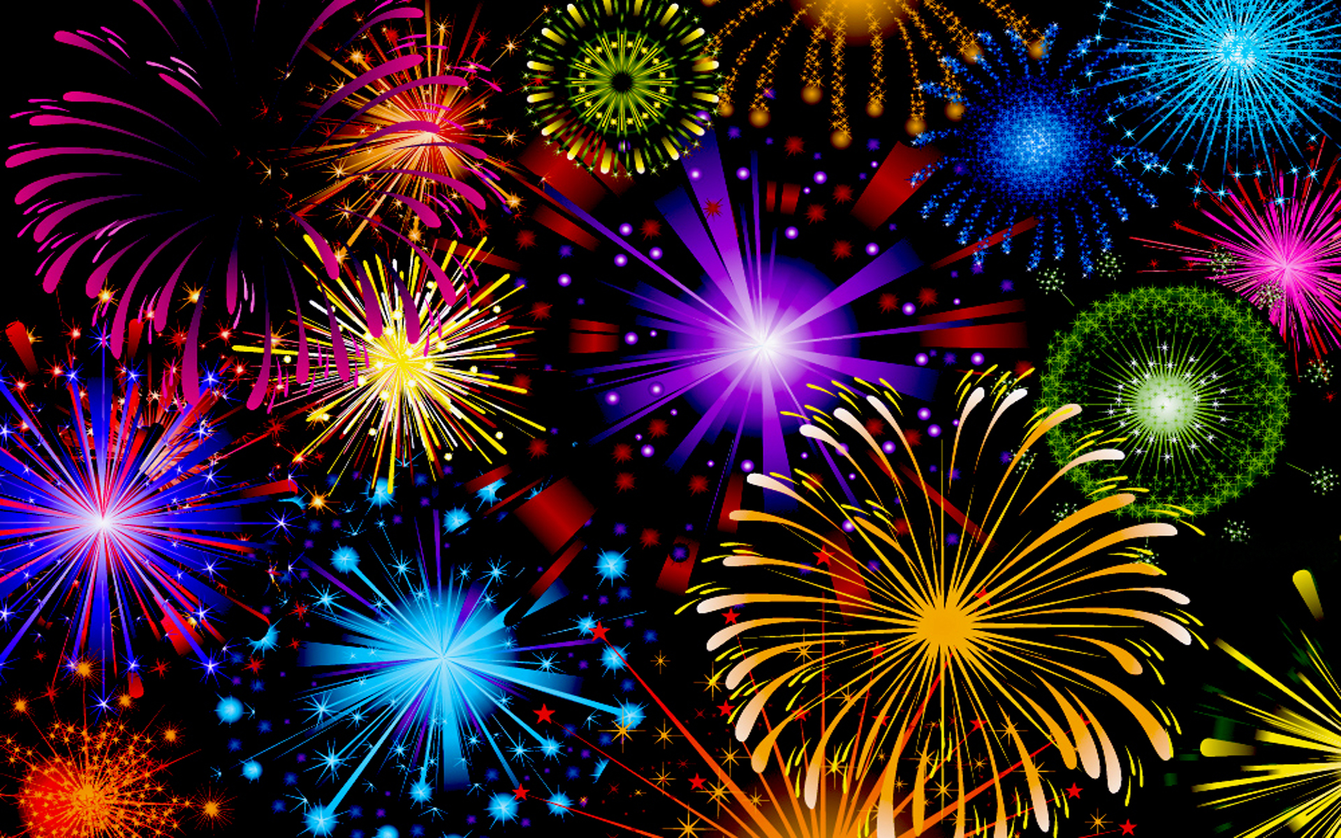 Celebration Fireworks In Red Blue Yellow And Green Color Wallpaper Hd
