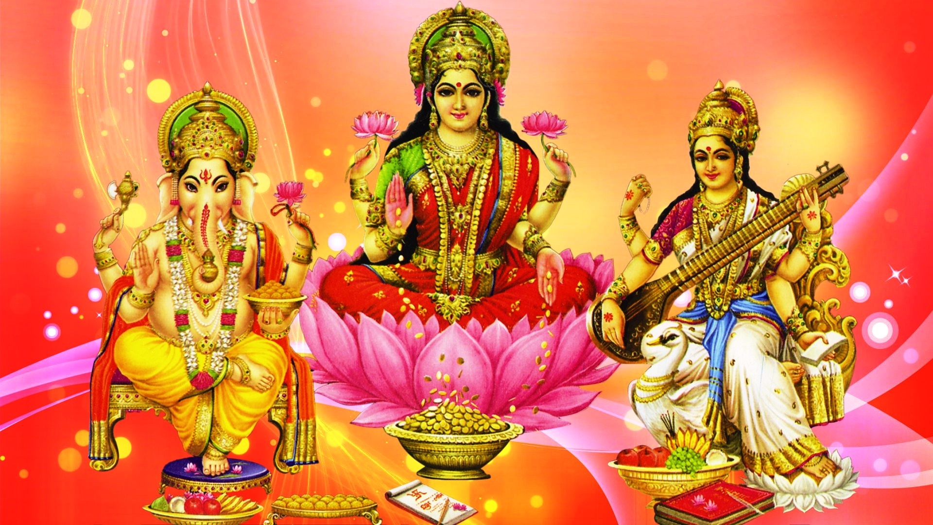 Ganesh Lakshmi And Saraswati Hd Wallpaper For Pc Tablet And Mobile Download  1920x1080 : 
