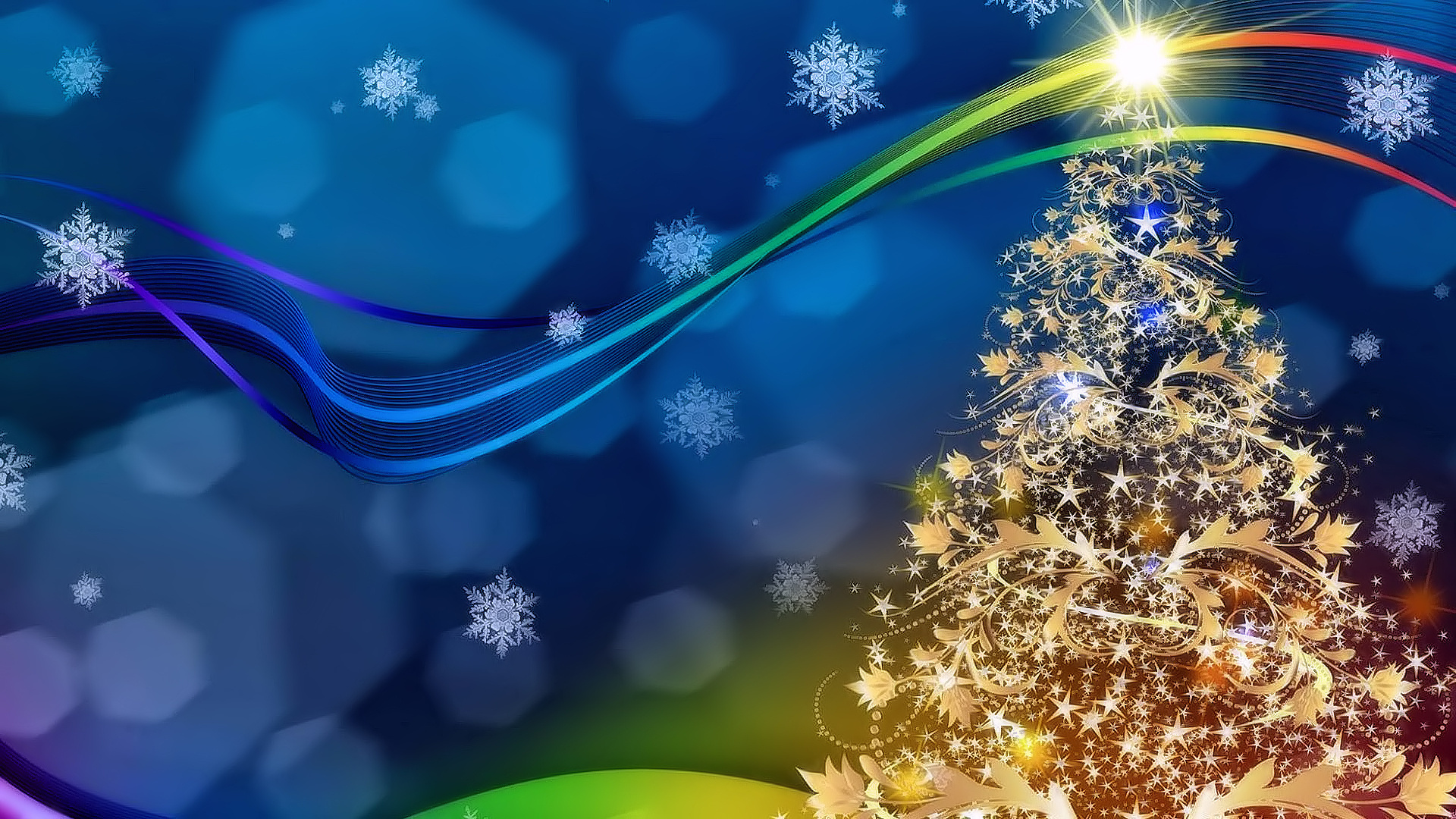 Golden Christmas Tree Flakes Decorative Festive Hd Wallpaper For
