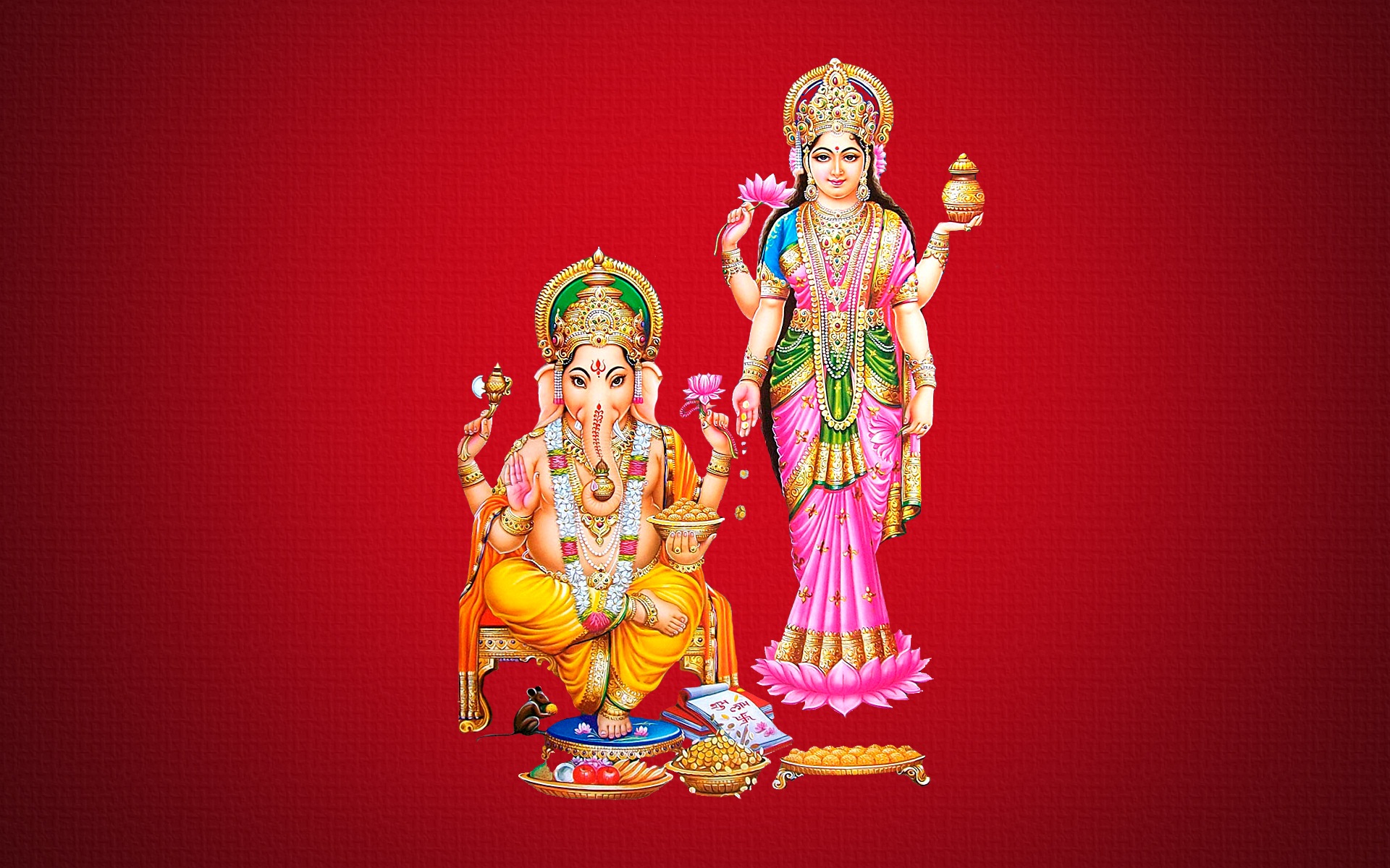 Mata Laxmi With Ganesh Red Background Hd Desktop Wallpaper 1920x1200 :  