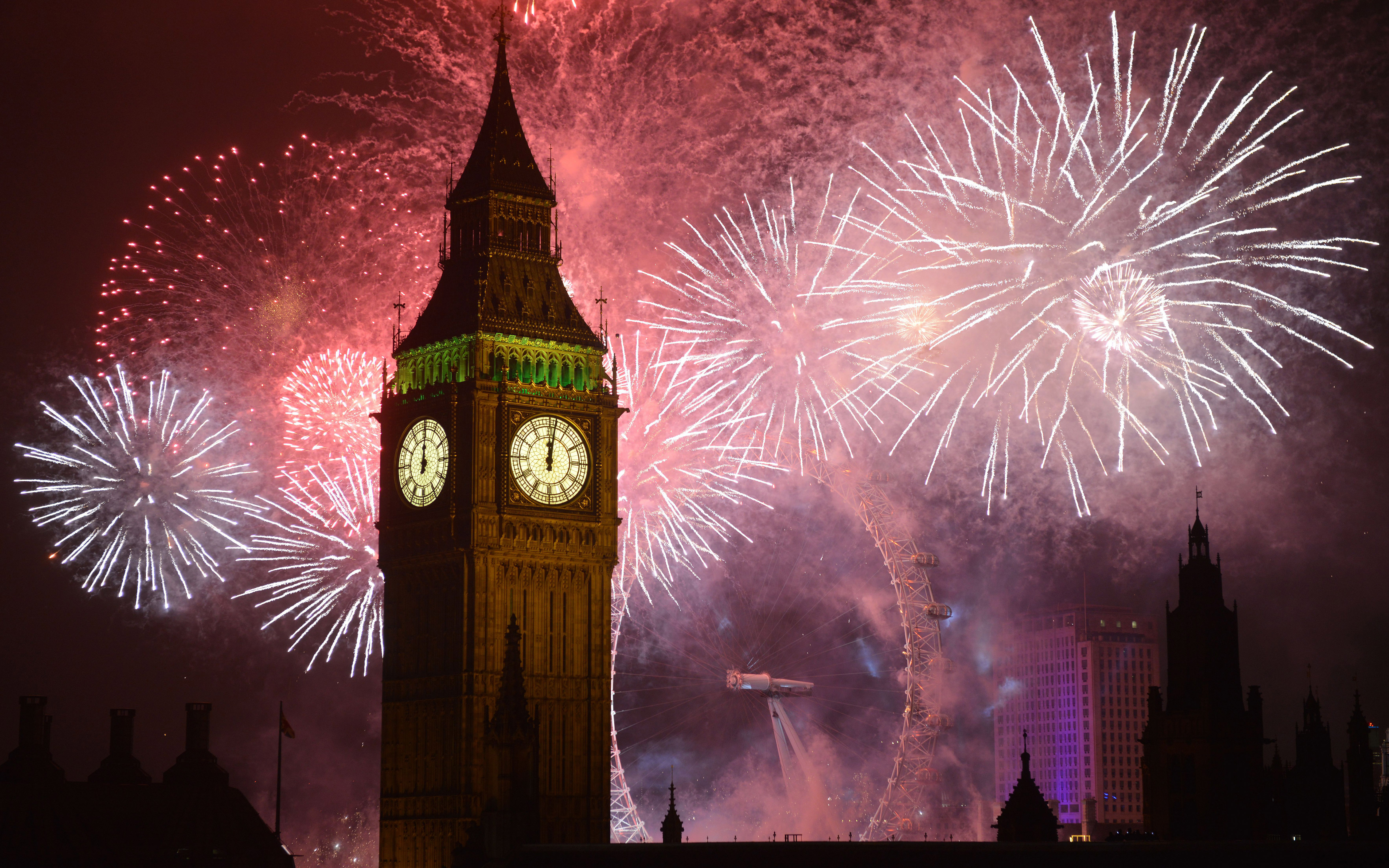New Years Eve Fireworks Big Ben Clock In London Desktop Wallpaper Hd For Mobile Phones And