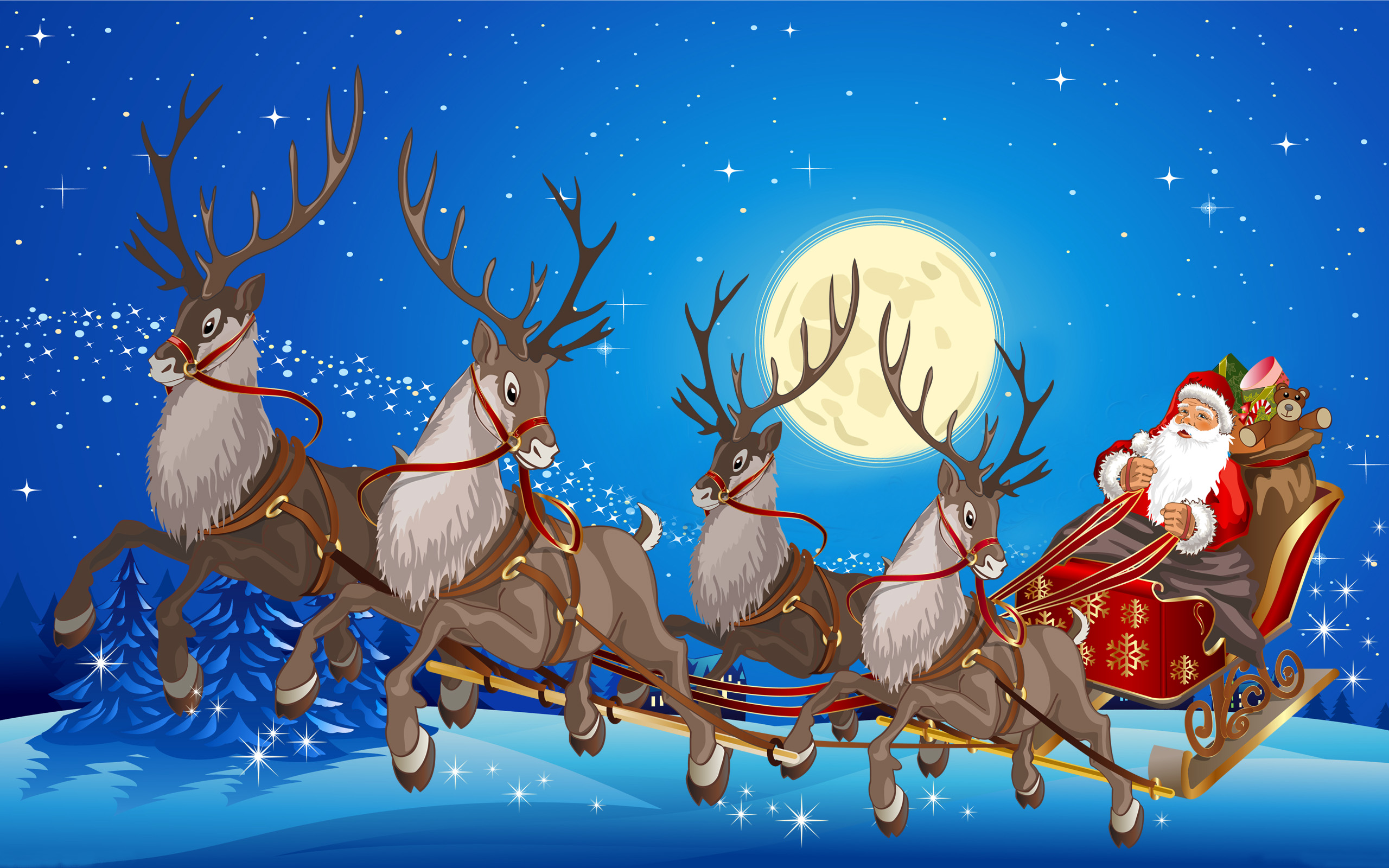 Santa Claus Sleigh With Reindeer Gifts Full Moon Desktop ...