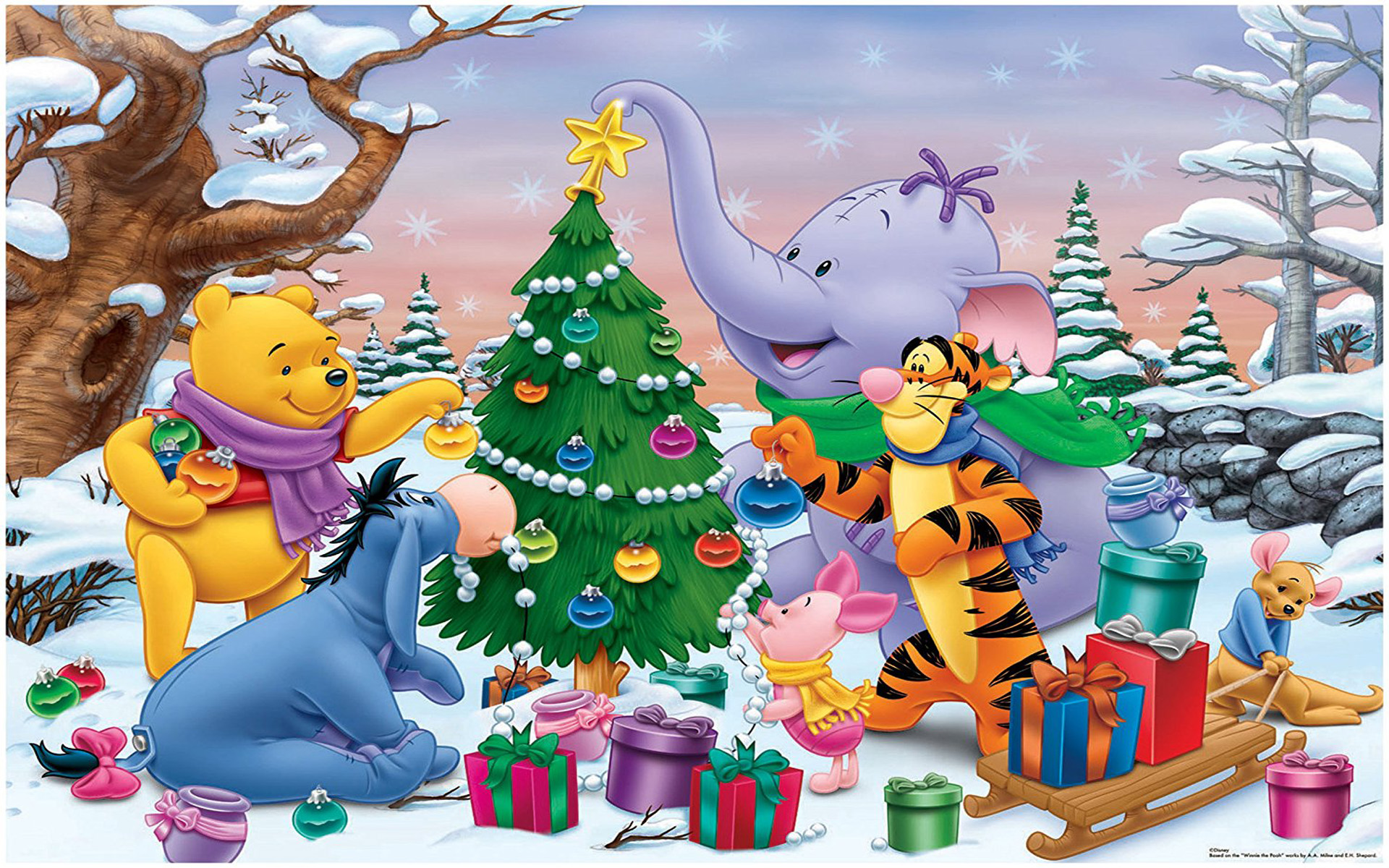 Cartoon Winnie The Pooh And Friends Decorating The Christmas Tree