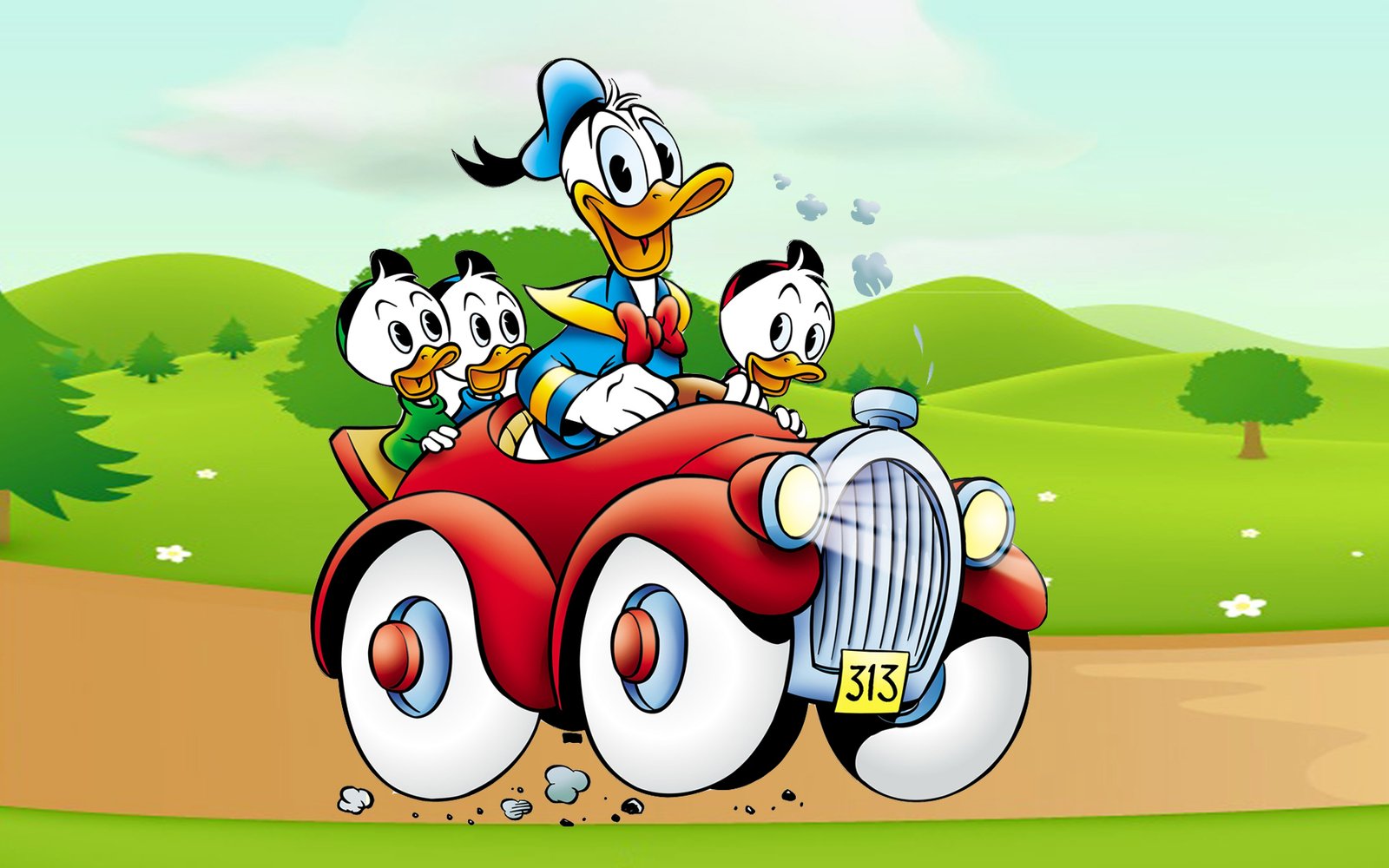 Donald Duck Cartoon  Image Driving Car Country Road Desktop 