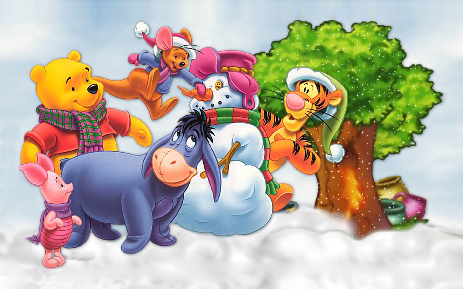 Winnie The Pooh Piglet Eeyore Kanga Making Snowman Cartoon Walt Disney Wallpaper  Hd For Desktop Full Screen 1920x1200 : 